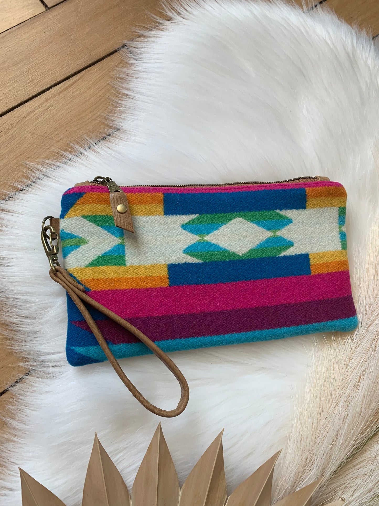 Wool and leather clutch wristlet, San Gabriel wool, caramel leather clutch wallet