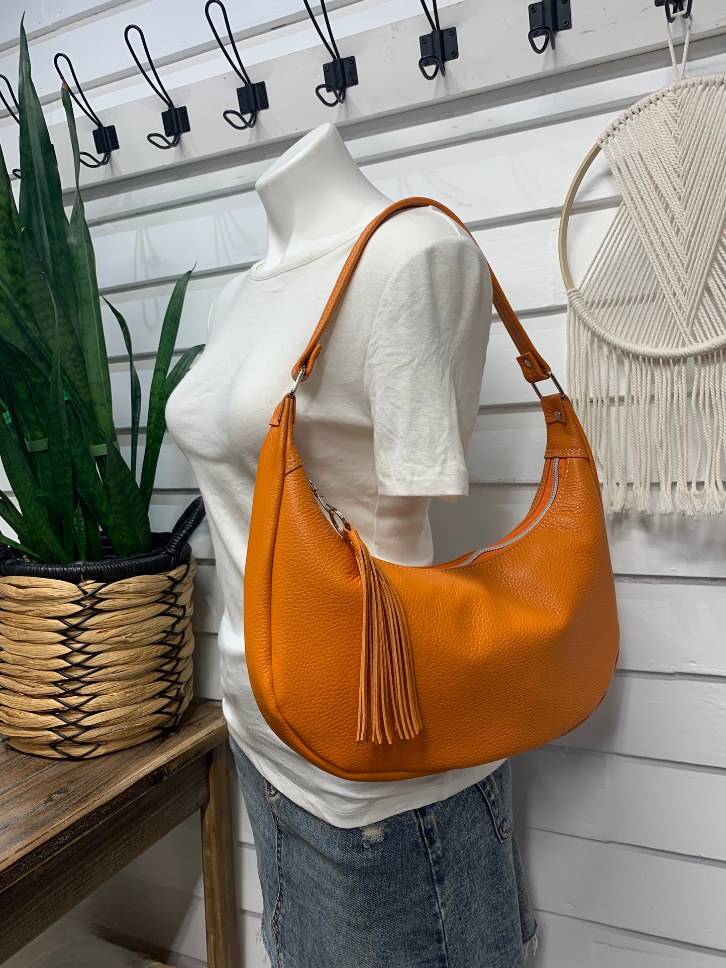 Garnet small hobo bag Orange Italian leather, shoulder strap