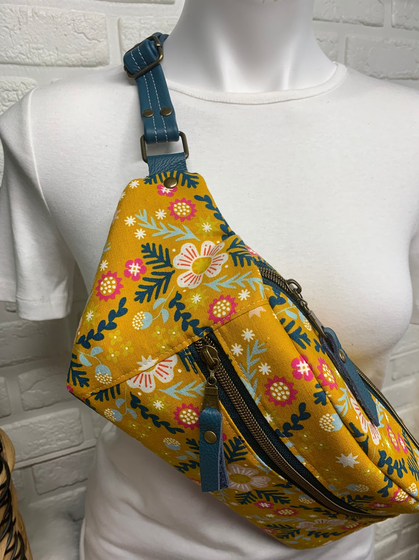Jade Sling bag Wildflower Yellow and Teal leather crossbody