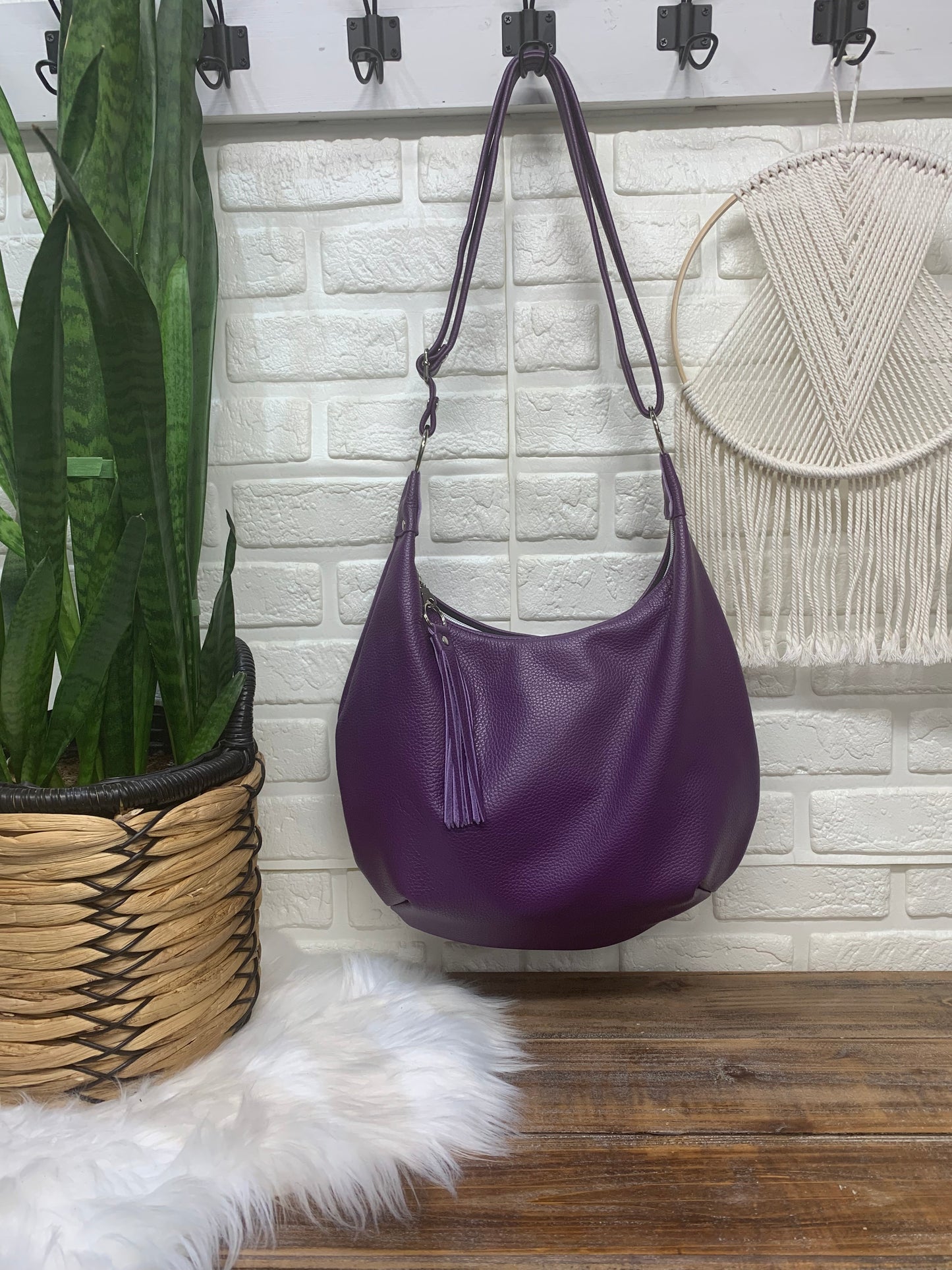 Onyx hobo bag, Purple Italian pebble grain leather crossbody