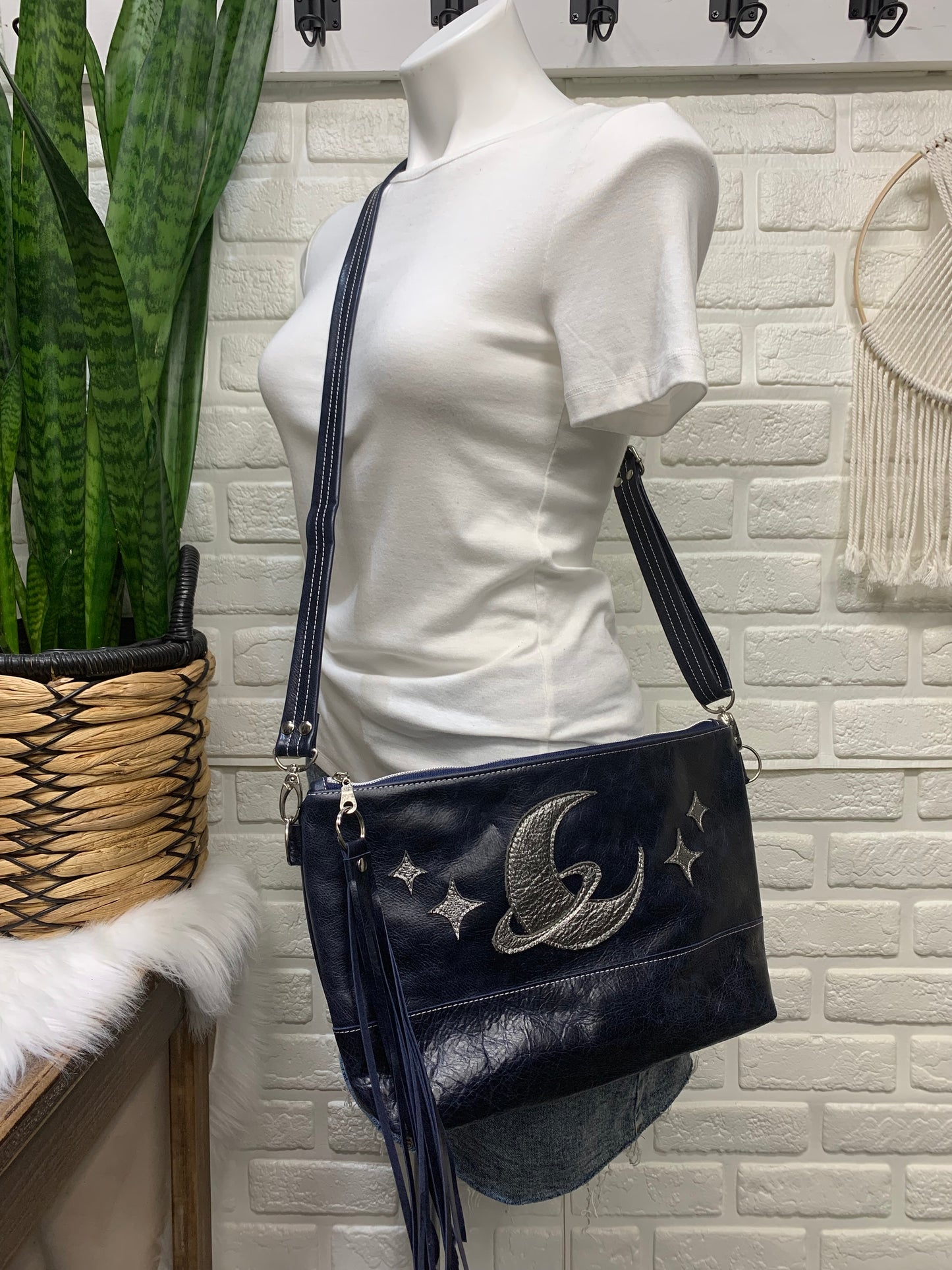 XL Ruby crossbody bag, metallic moon, Navy genuine leather