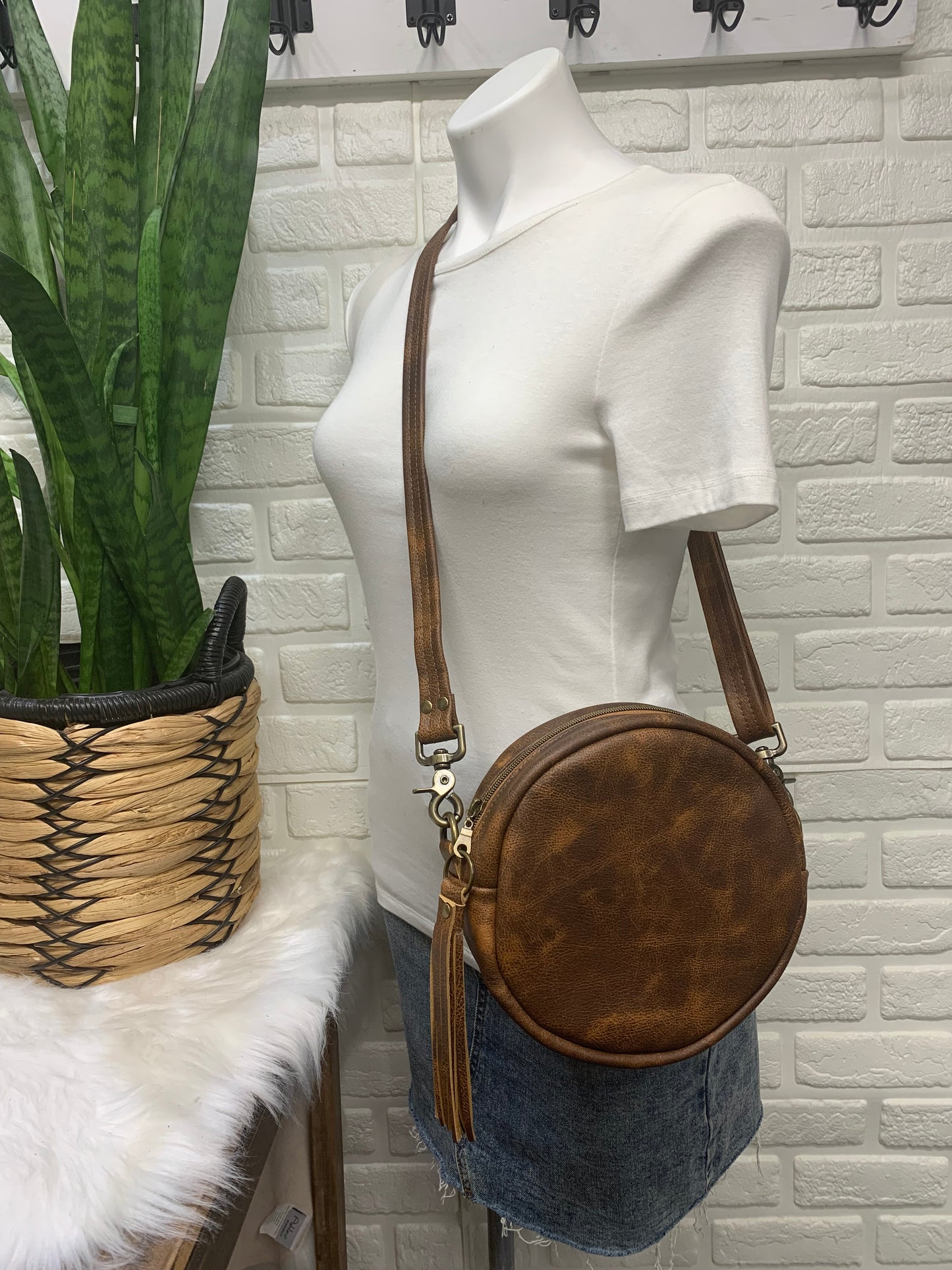 Moonstone crossbody bag, Saddle brown leather, Circle bag