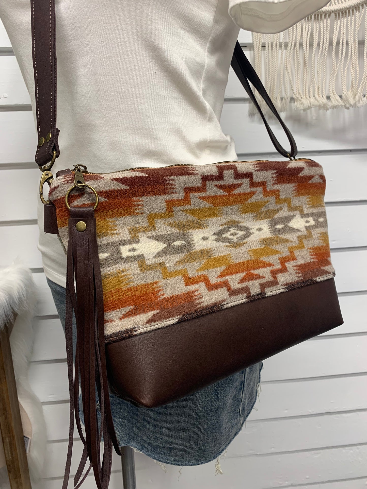 XL Ruby crossbody bag, Mesilla wool, waxed dark brown leather