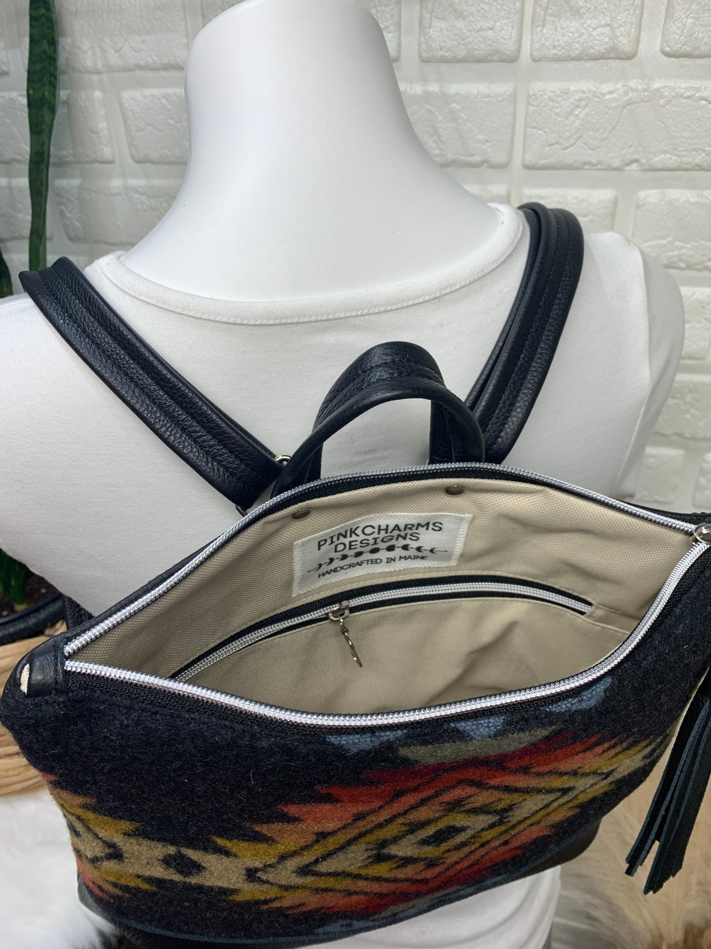 Pearl Backpack wool and black genuine leather, Pueblo Dwelling wool
