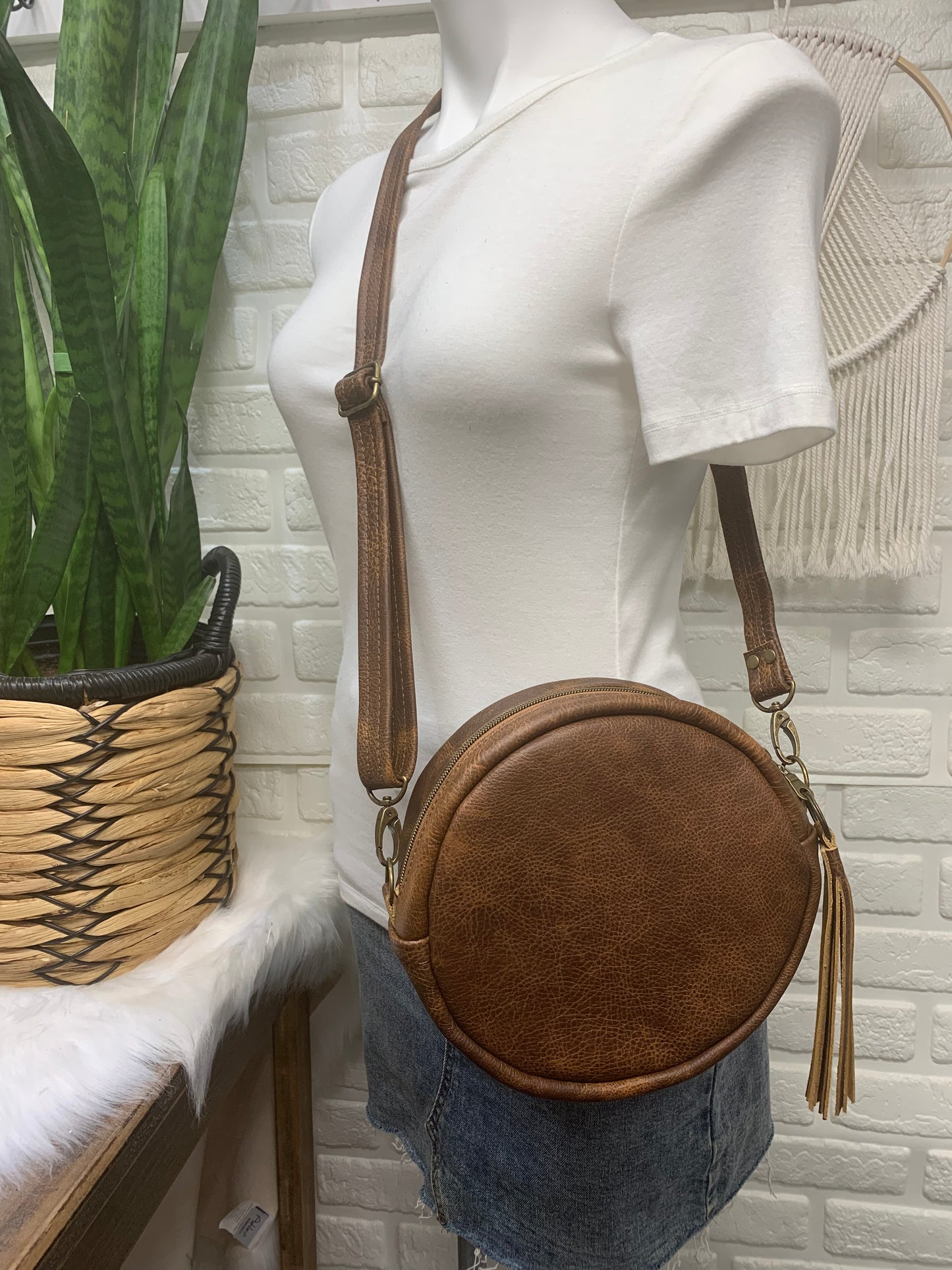 Moonstone crossbody bag, Pueblo dwelling wool, brown leather, Canteen bag