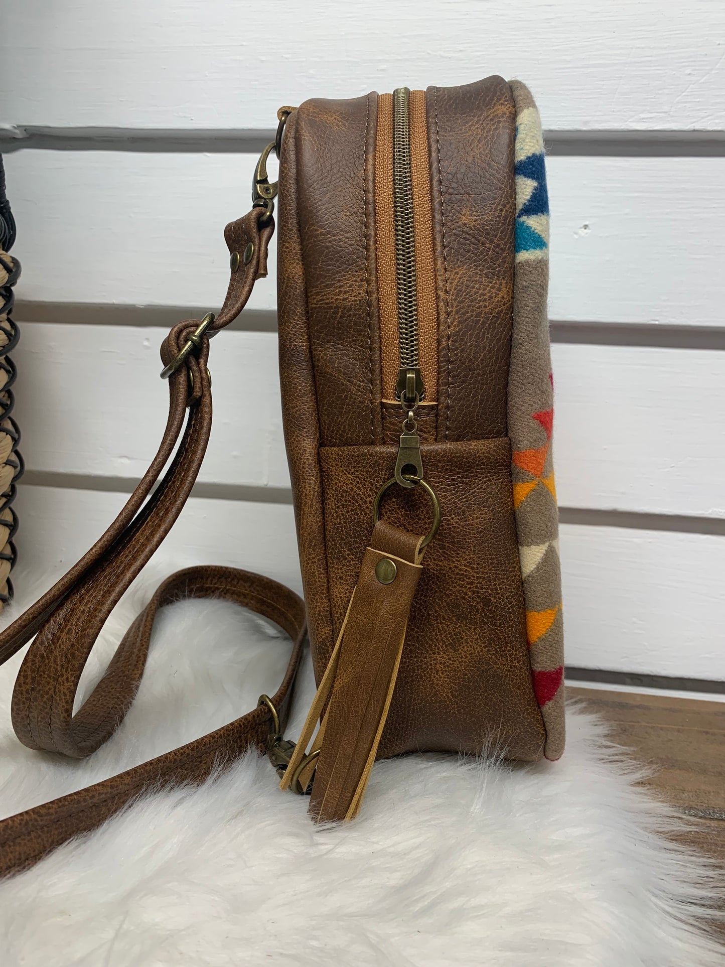 Citrine Sling backpack Pilot Rock wool and Saddle brown leather