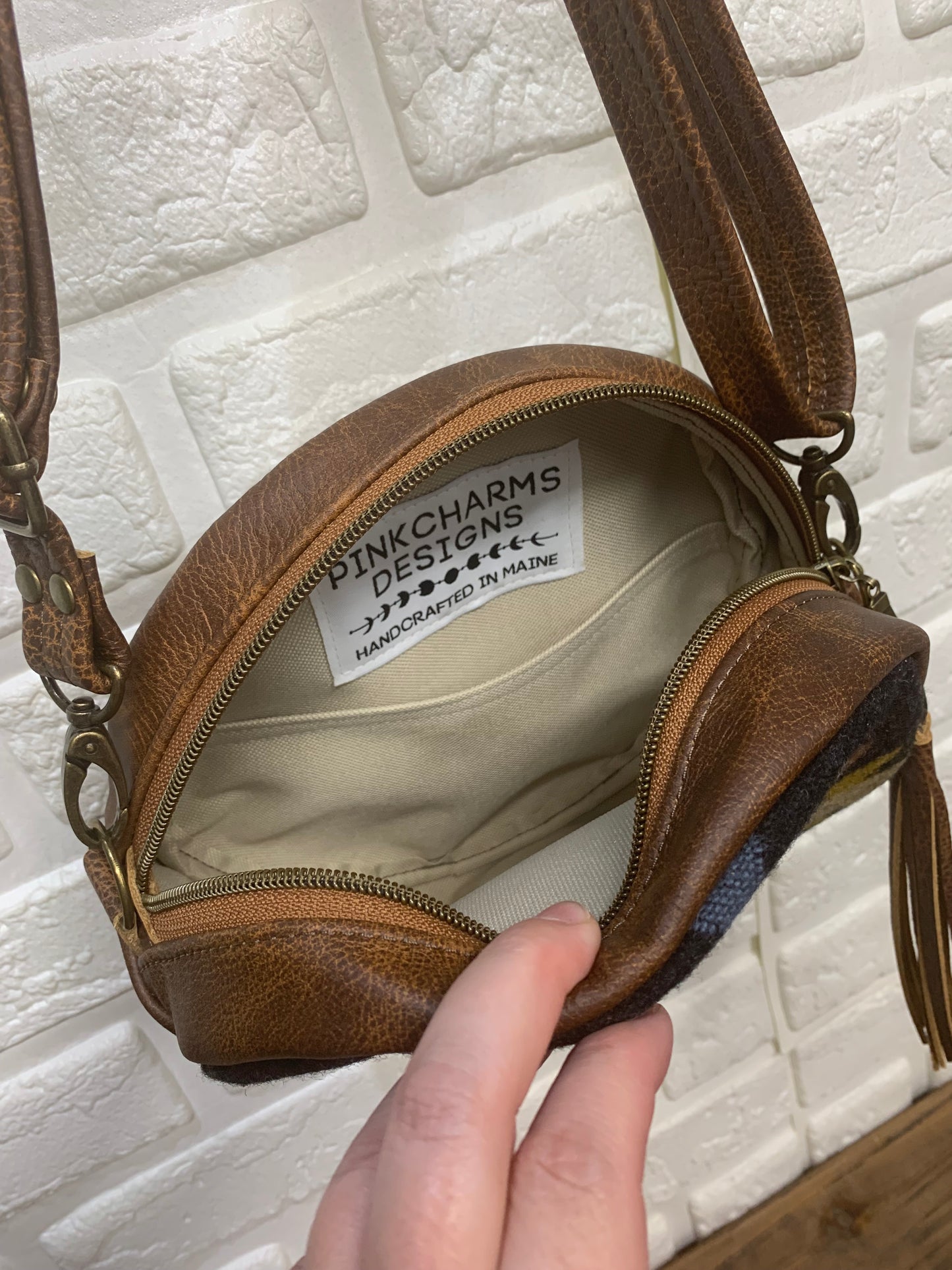 Moonstone crossbody bag, Pueblo dwelling wool, brown leather, Canteen bag