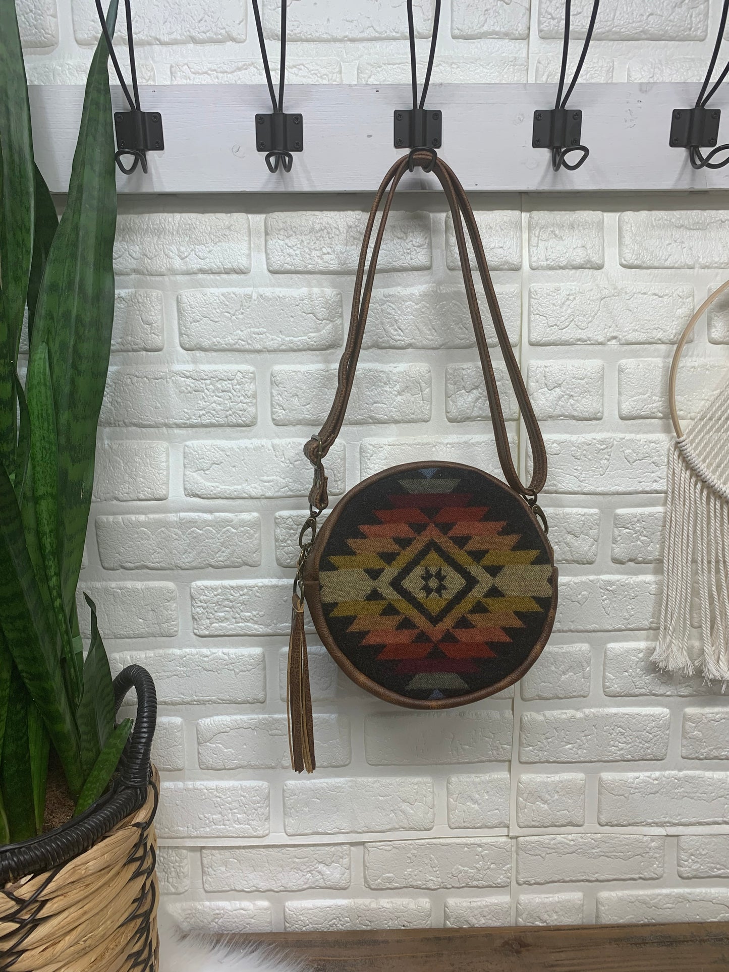 Moonstone crossbody bag, Pueblo dwelling wool, brown leather, Canteen bag