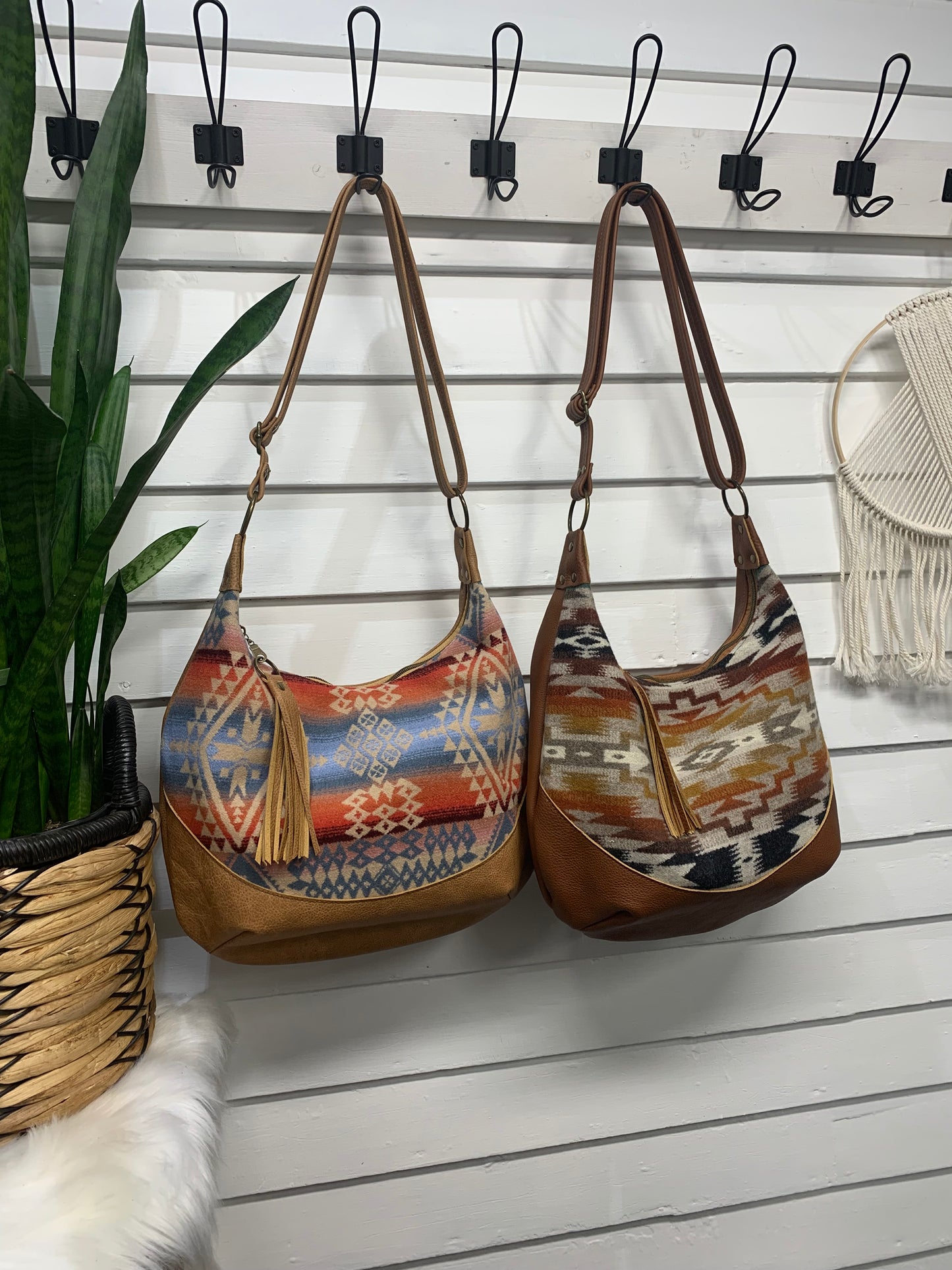 Wool and caramel leather hobo crossbody bag, Desert sky wool