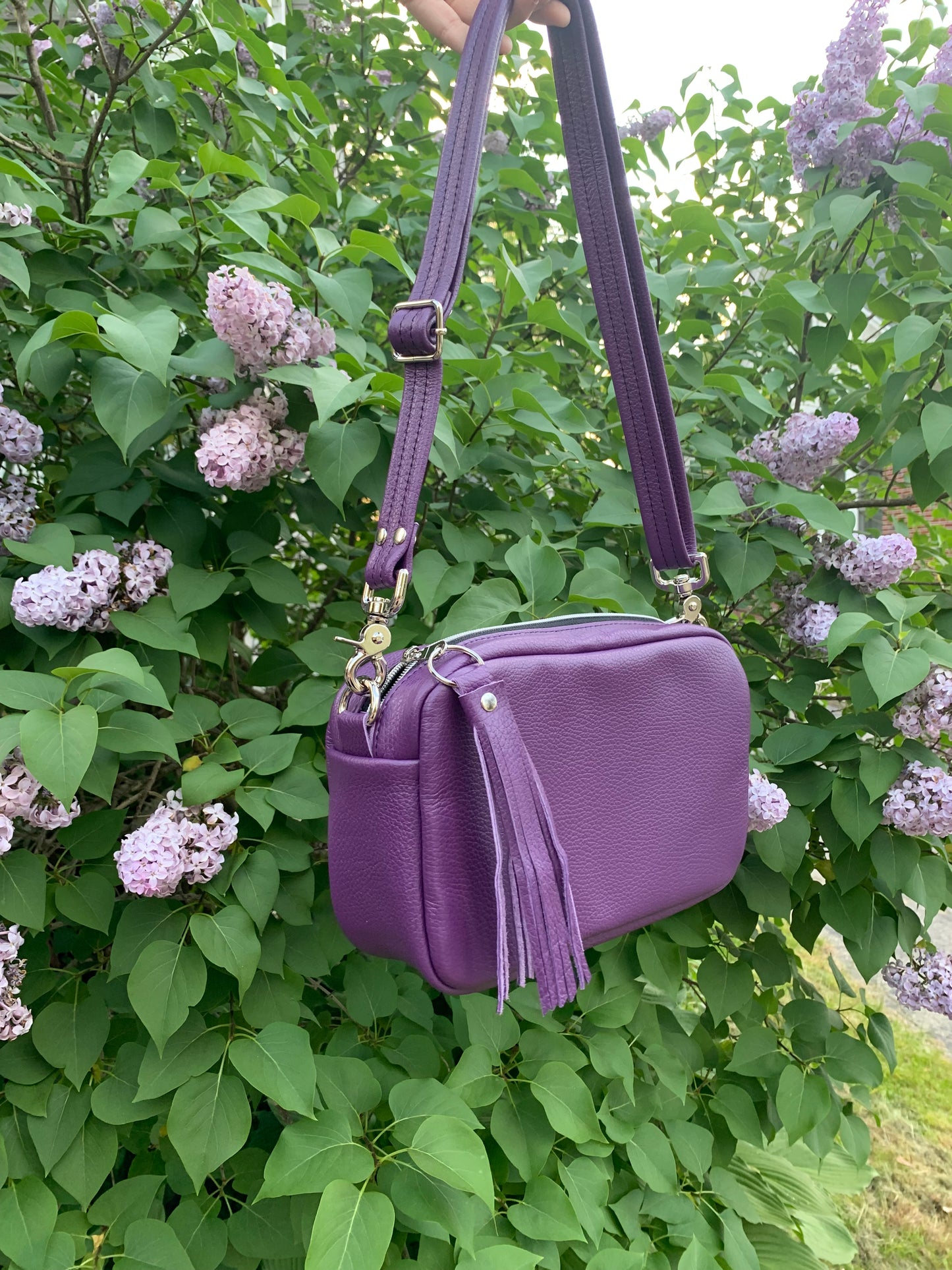 Emerald crossbody bag, Purple Italian pebble grain leather