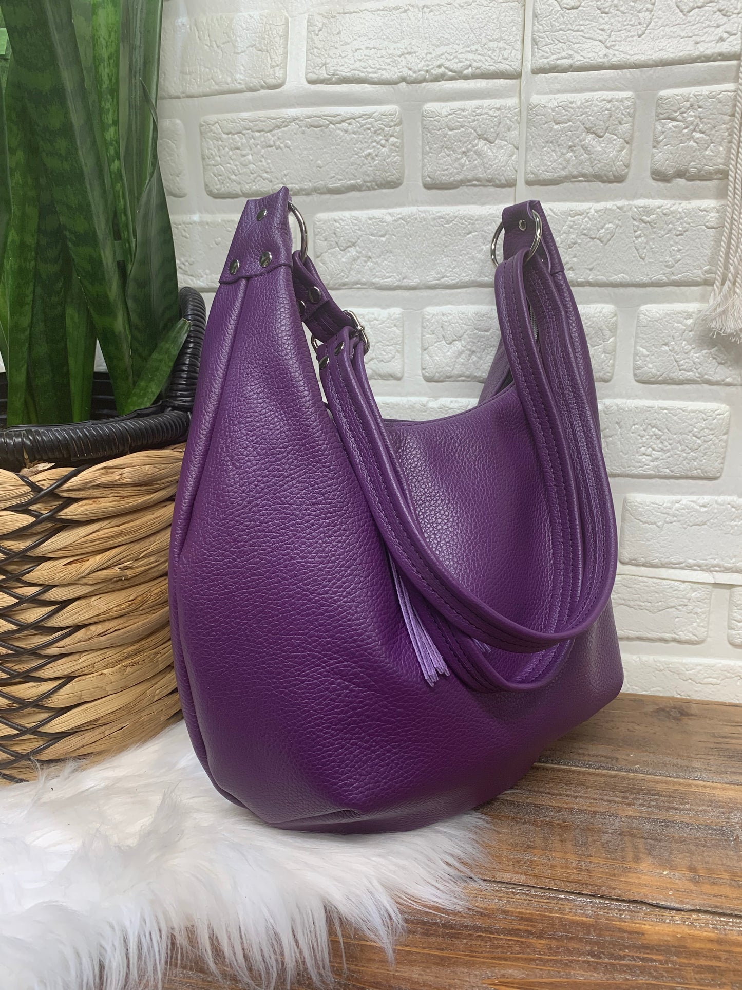 Onyx hobo bag, Purple Italian pebble grain leather crossbody