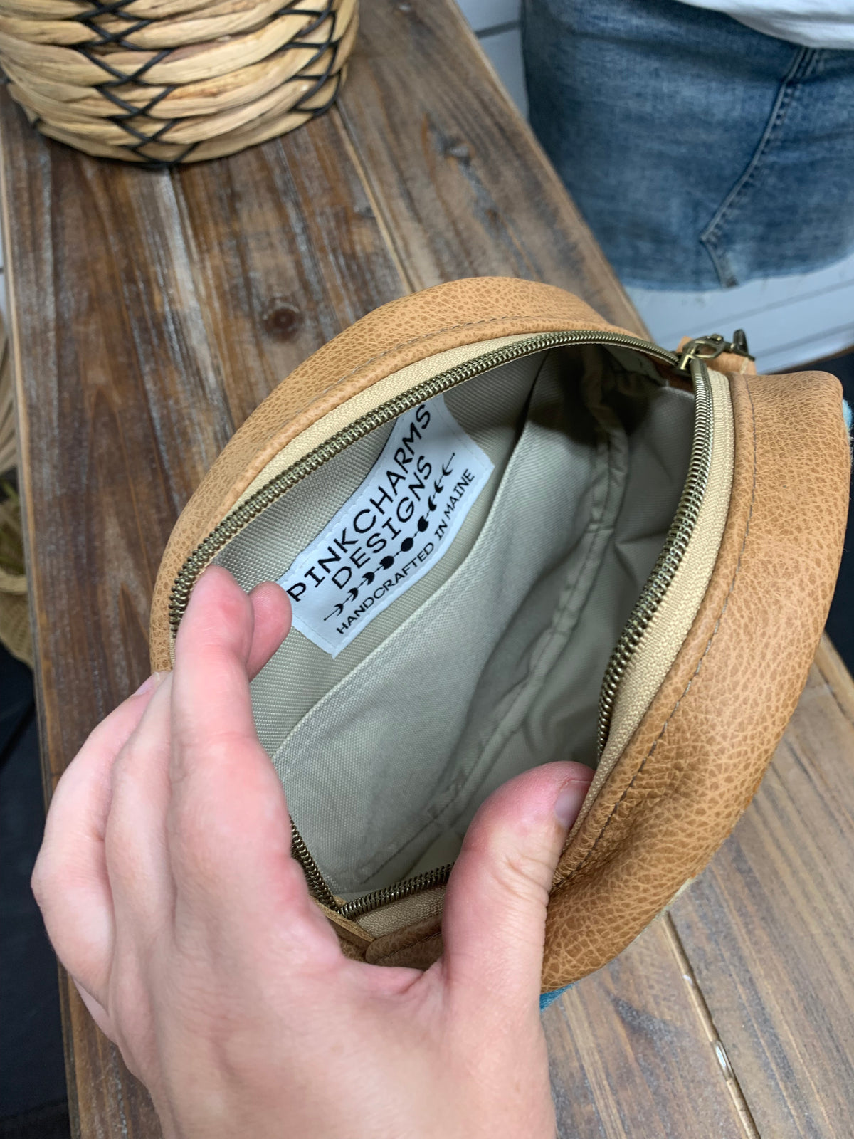 Moonstone crossbody bag, Pagosa Springs wool, caramel brown leather, Canteen bag