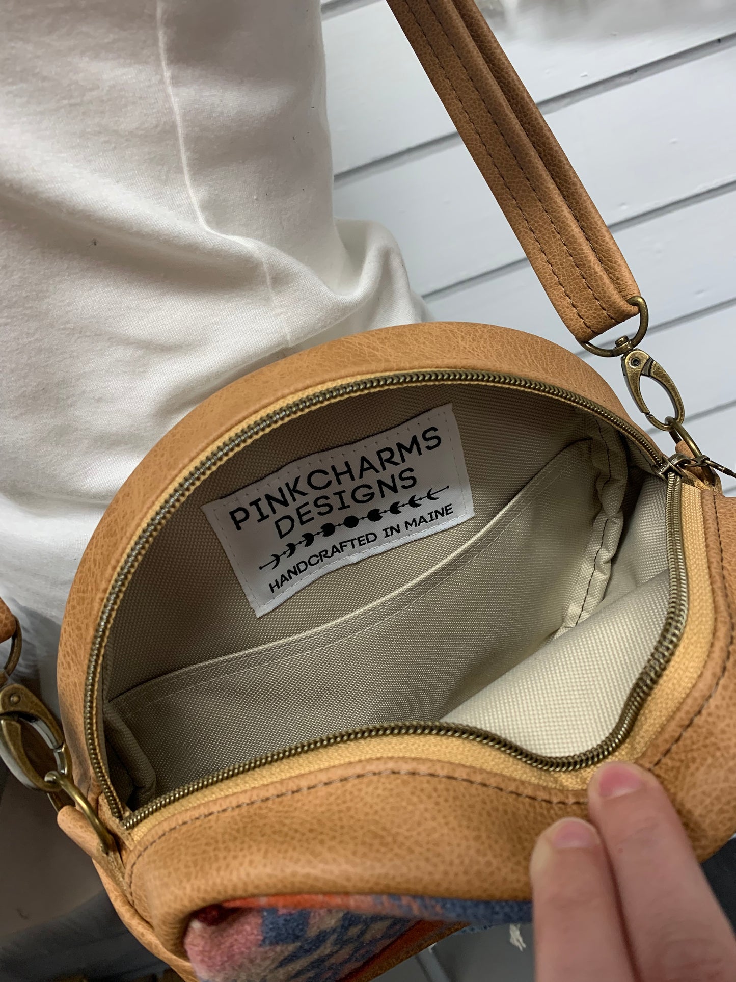 Moonstone crossbody bag, Desert sky wool, caramel brown leather, Canteen bag