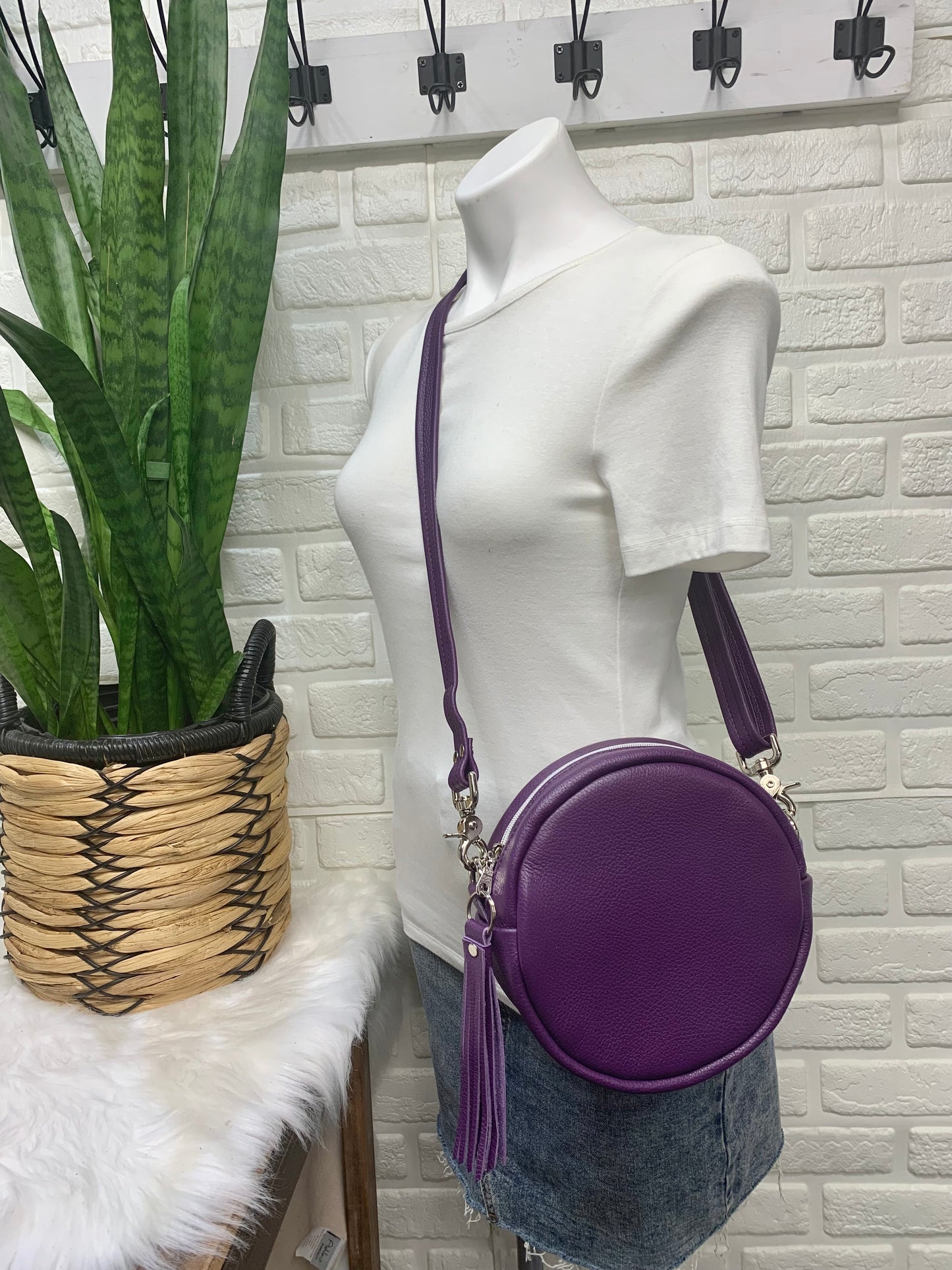 Moonstone crossbody bag, Purple leather, Circle bag