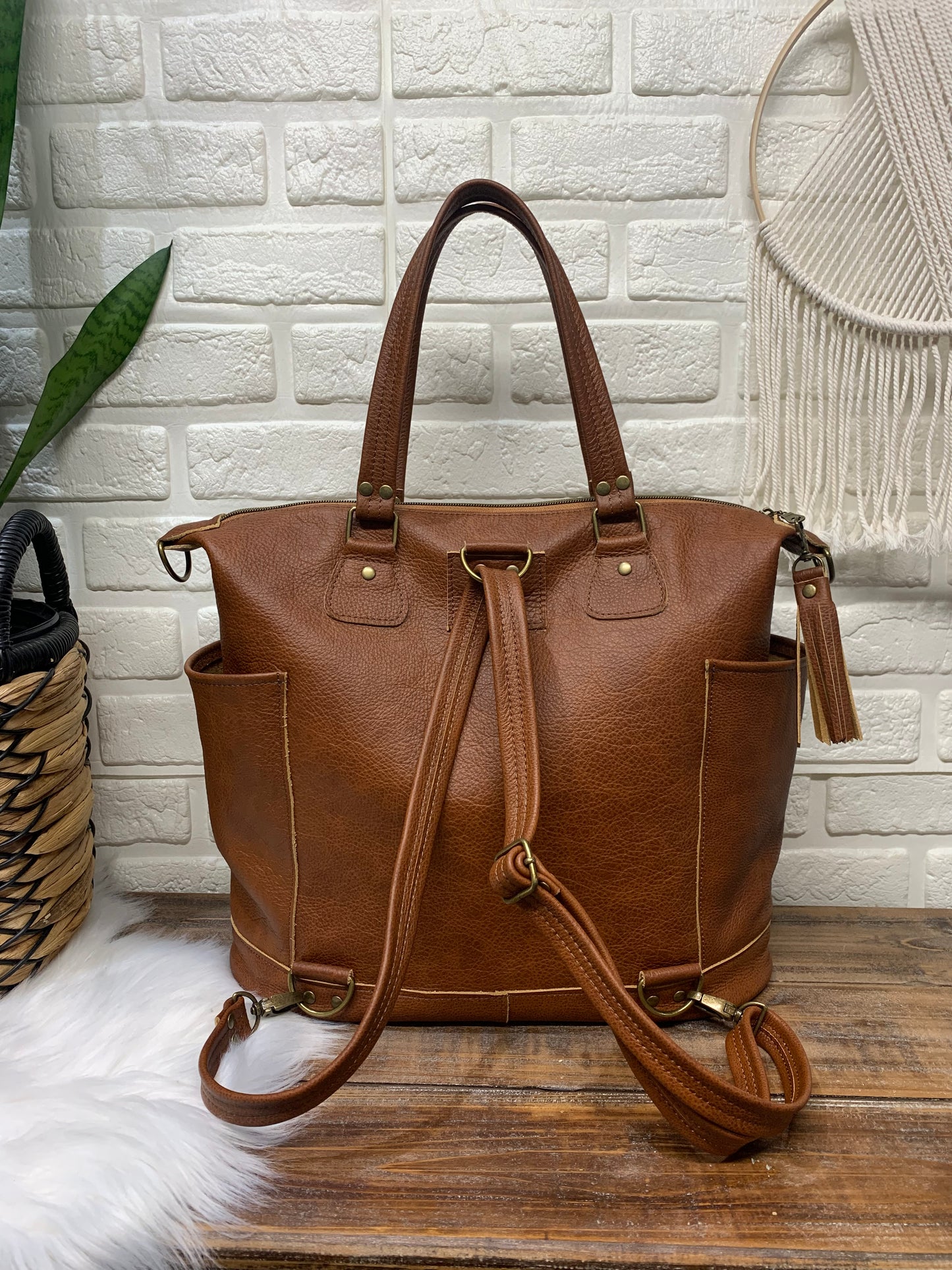 Custom Day bag in all leather, convertible strap, shoulder, crossbody, backpack