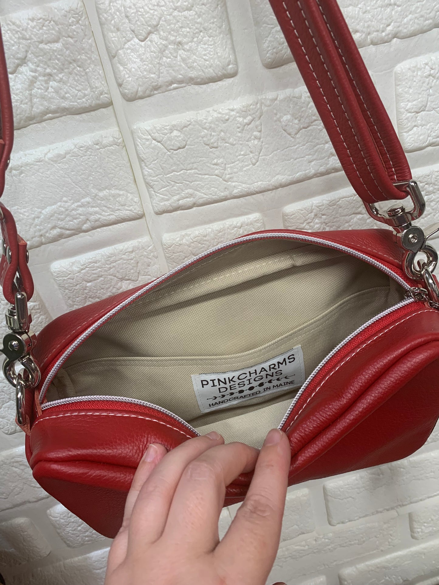Emerald crossbody bag, Red Italian pebble grain leather