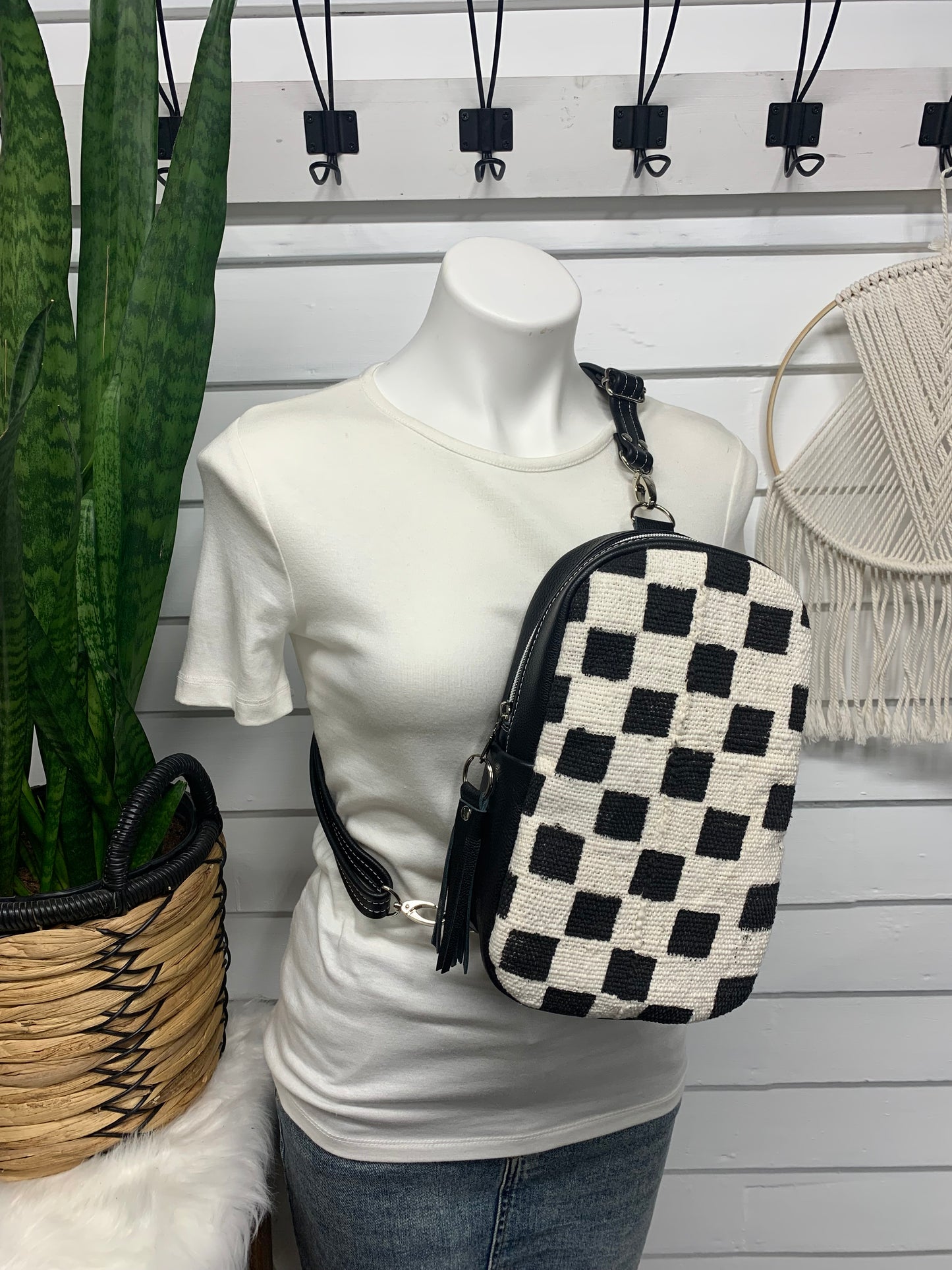 Citrine Sling backpack Checkered Mali Mudcloth and Black leather