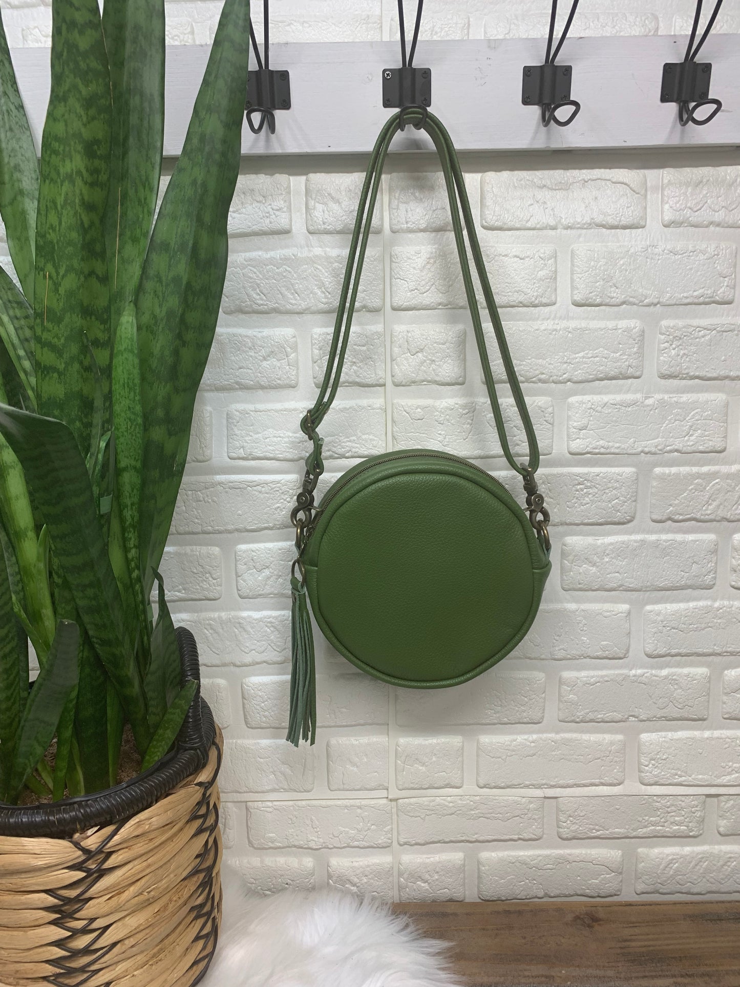 Moonstone crossbody bag, Olive leather, Circle bag
