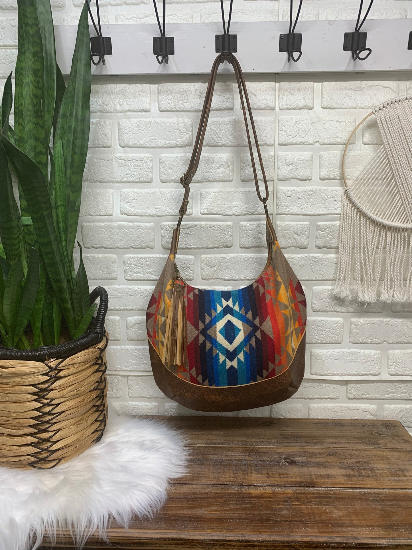 Wool and leather hobo bag, Pilot Rock wool fabric, brown genuine leather, hobo bag, wool crossbody bag