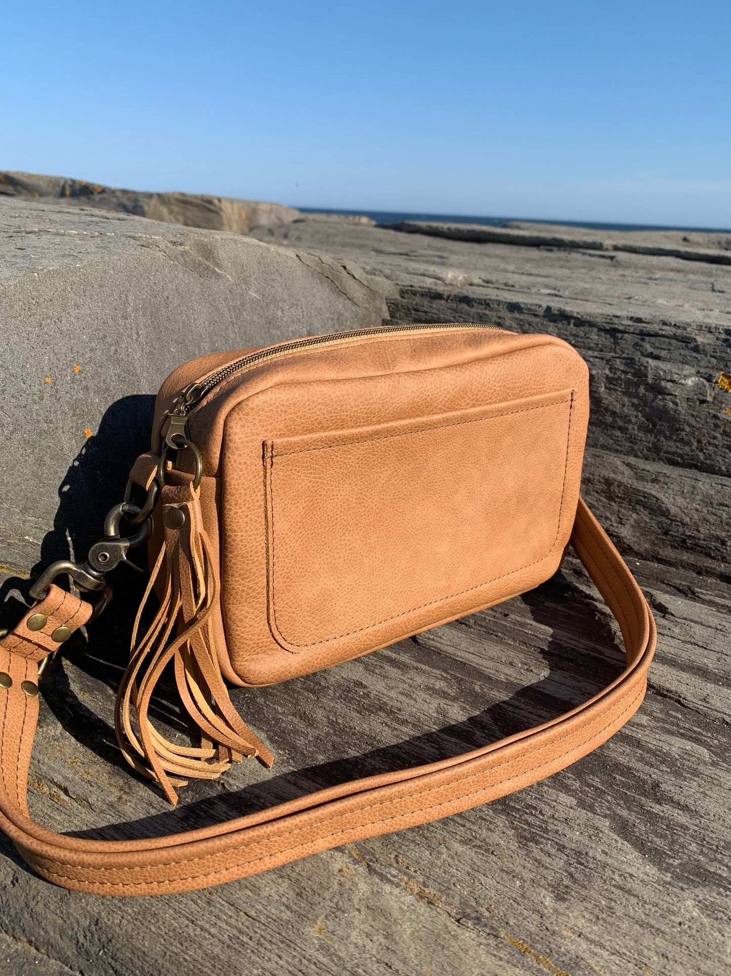 Emerald crossbody bag, Caramel brown pebble grain leather