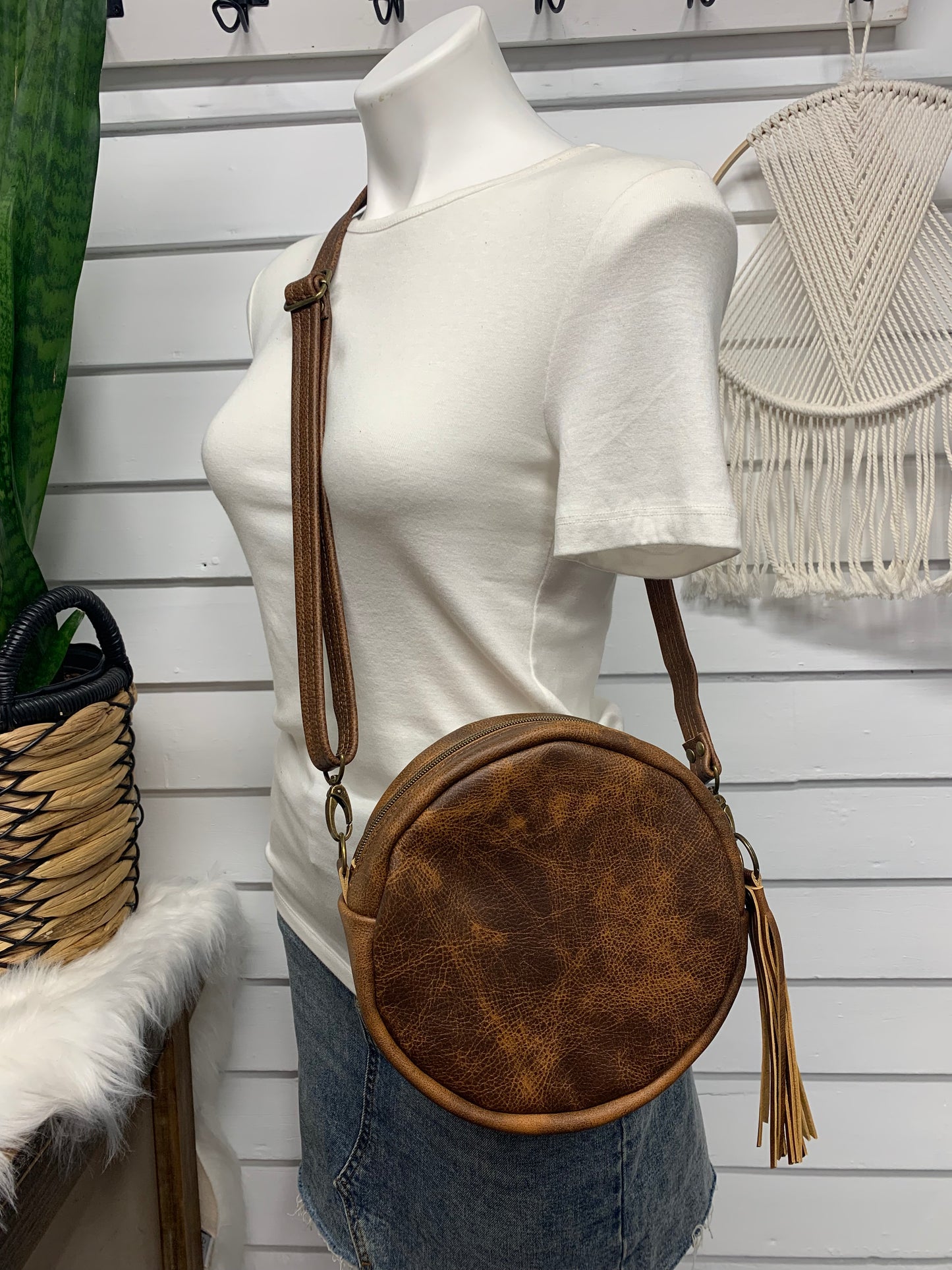 Moonstone crossbody bag, Checkered Mud cloth, saddle brown leather