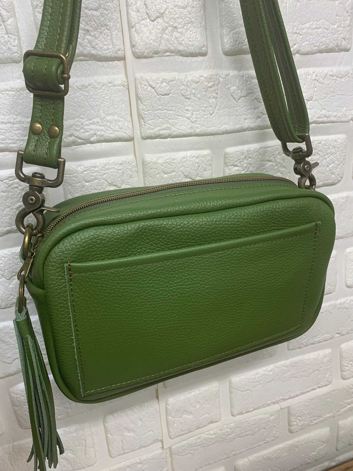 Emerald crossbody bag, Olive green Italian pebble grain leather