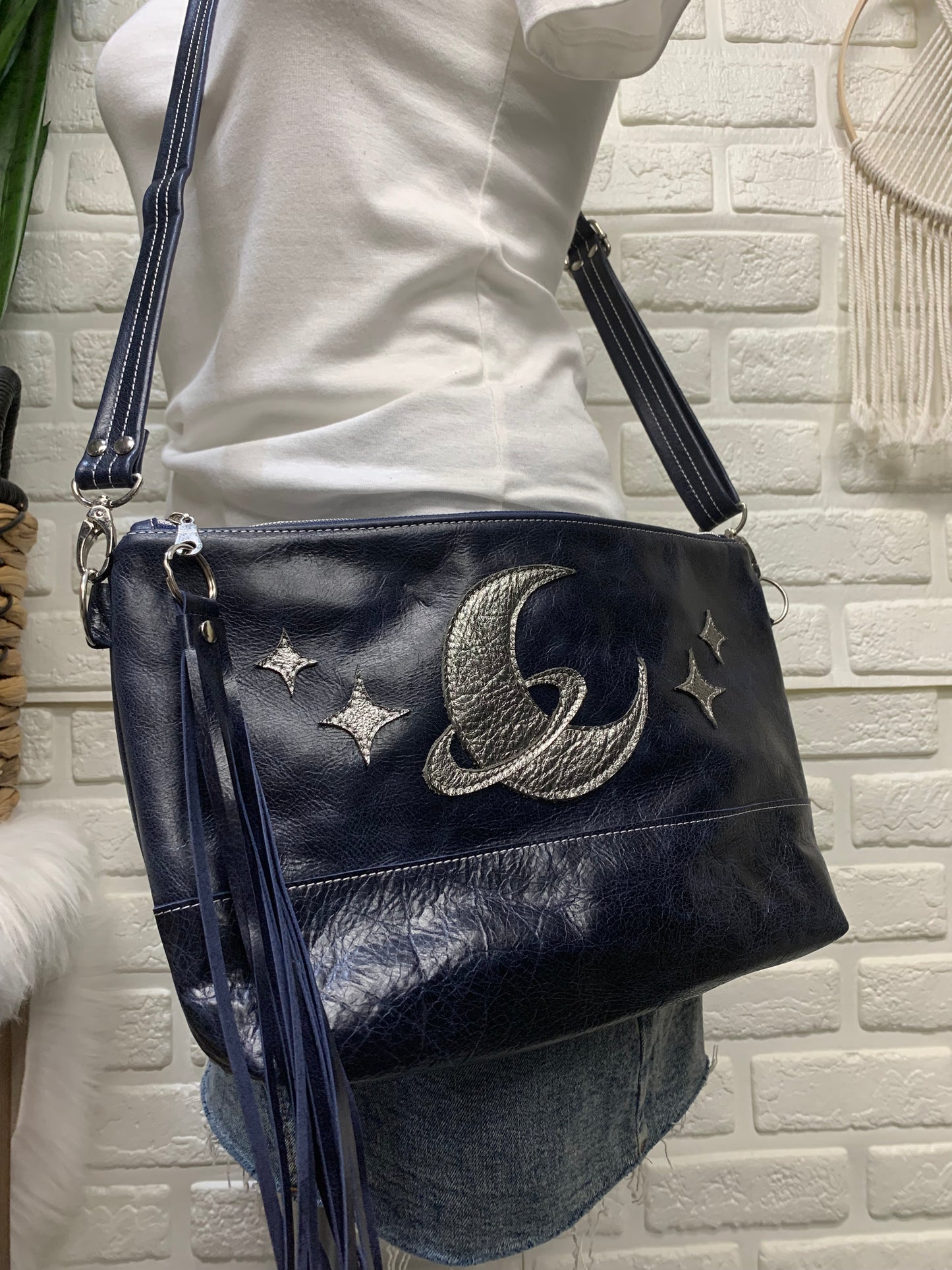 XL Ruby crossbody bag, metallic moon, Navy genuine leather