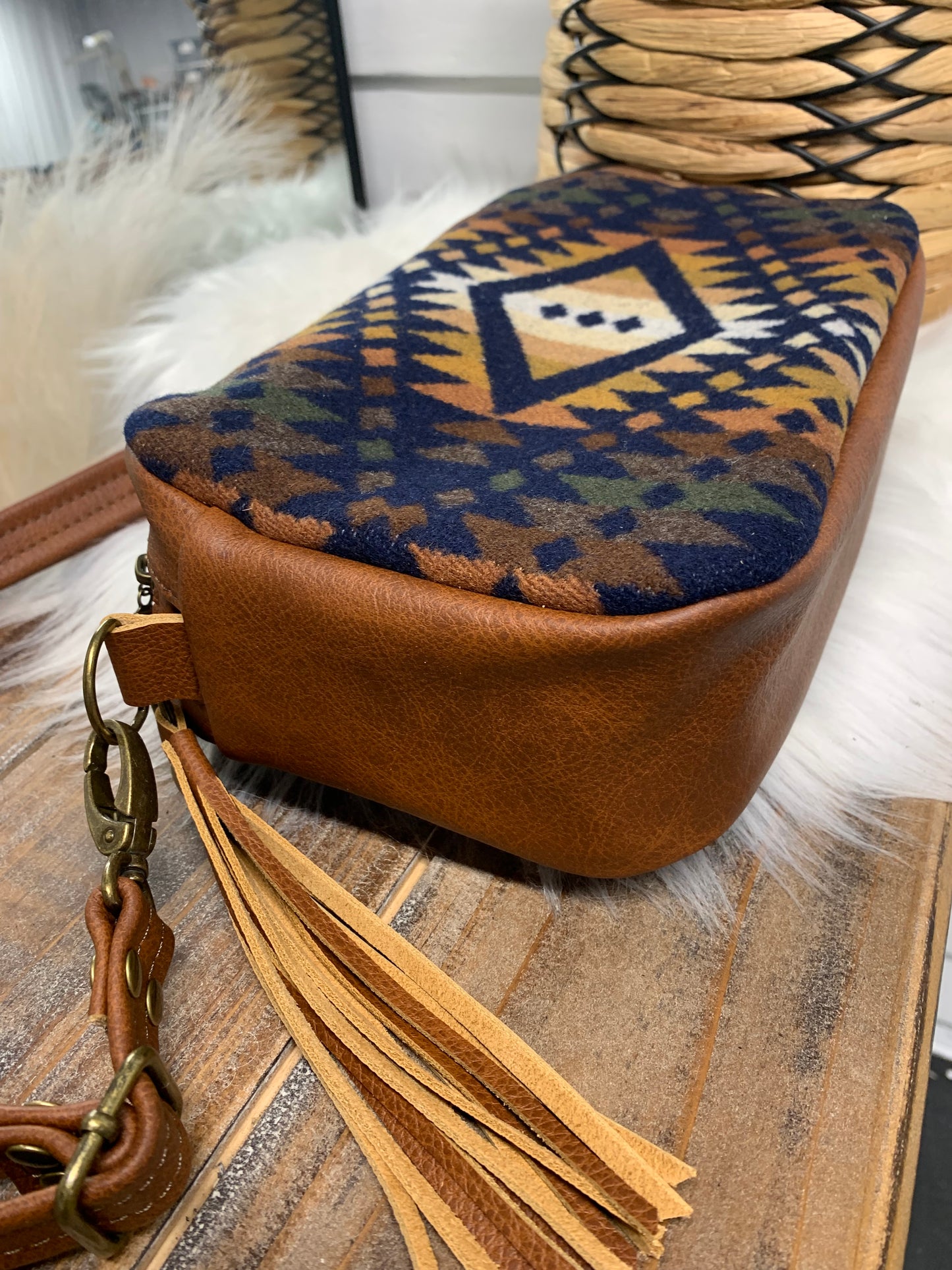 Emerald crossbody bag, Navy Trails wool, spice brown leather, square bag