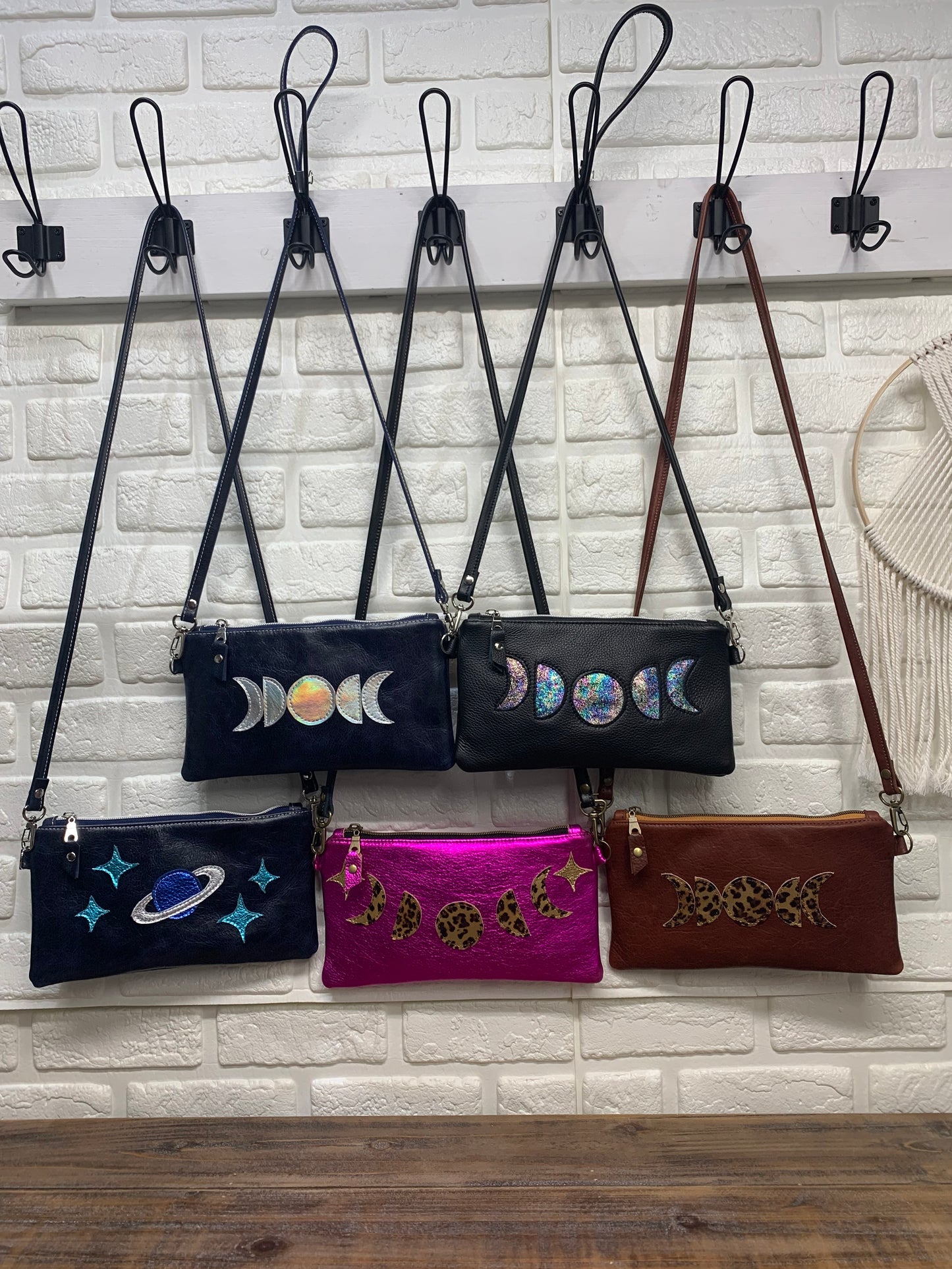 Moon phase metallic pink leather crossbody clutch, leopard leather
