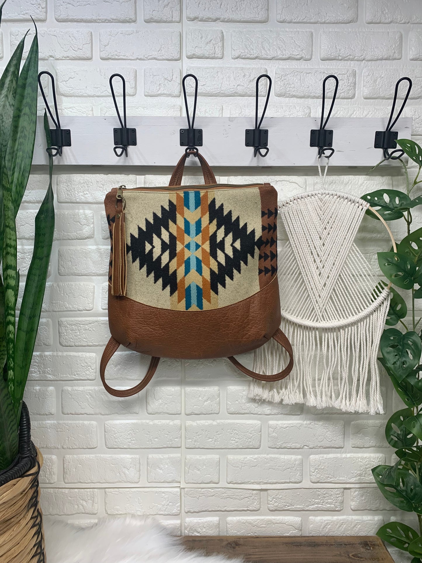 Pearl Backpack wool and spice brown genuine leather, Rancho Arroyo wool