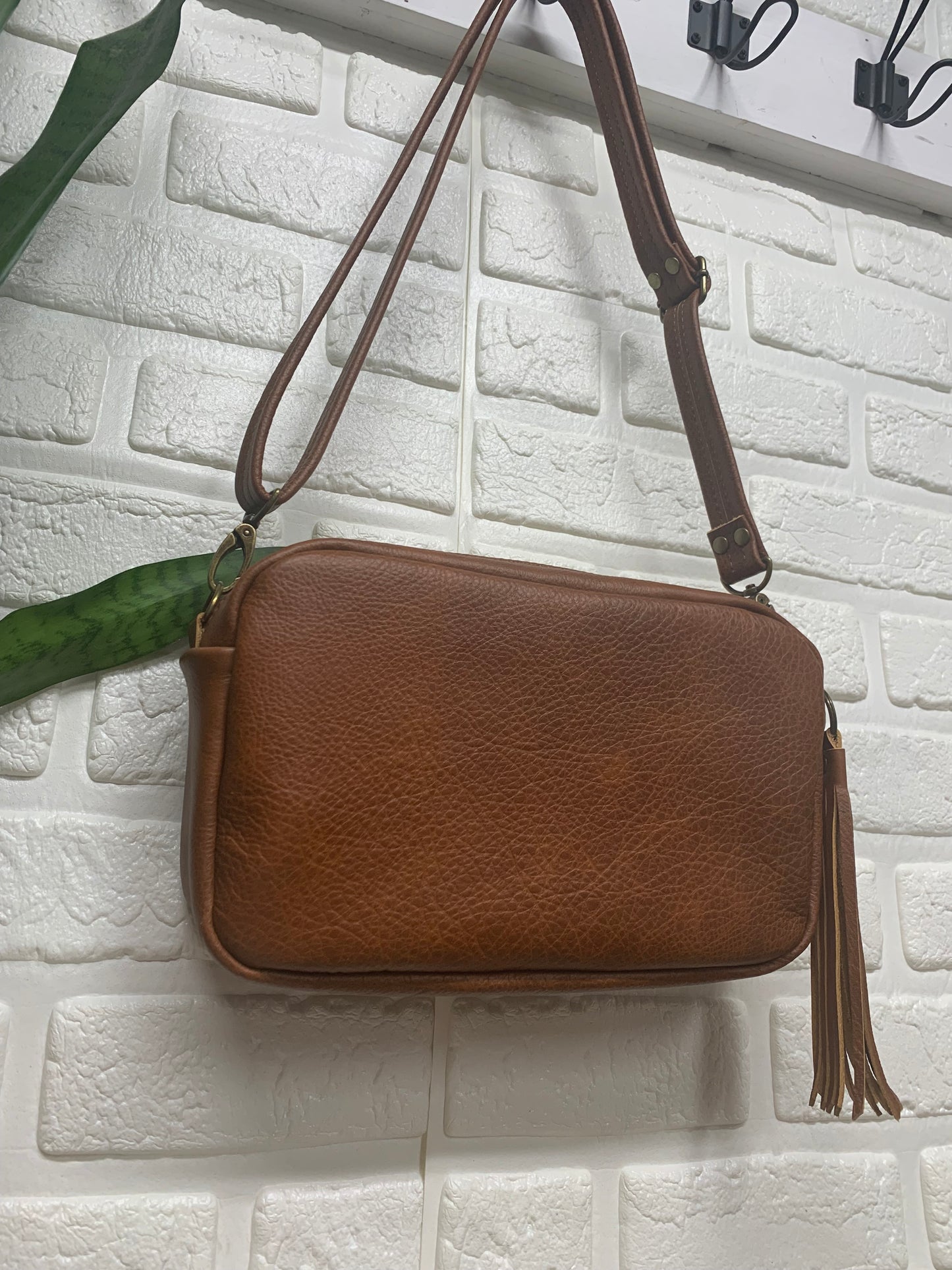 Emerald crossbody bag, Harding Navy wool, spice brown leather, Camera bag