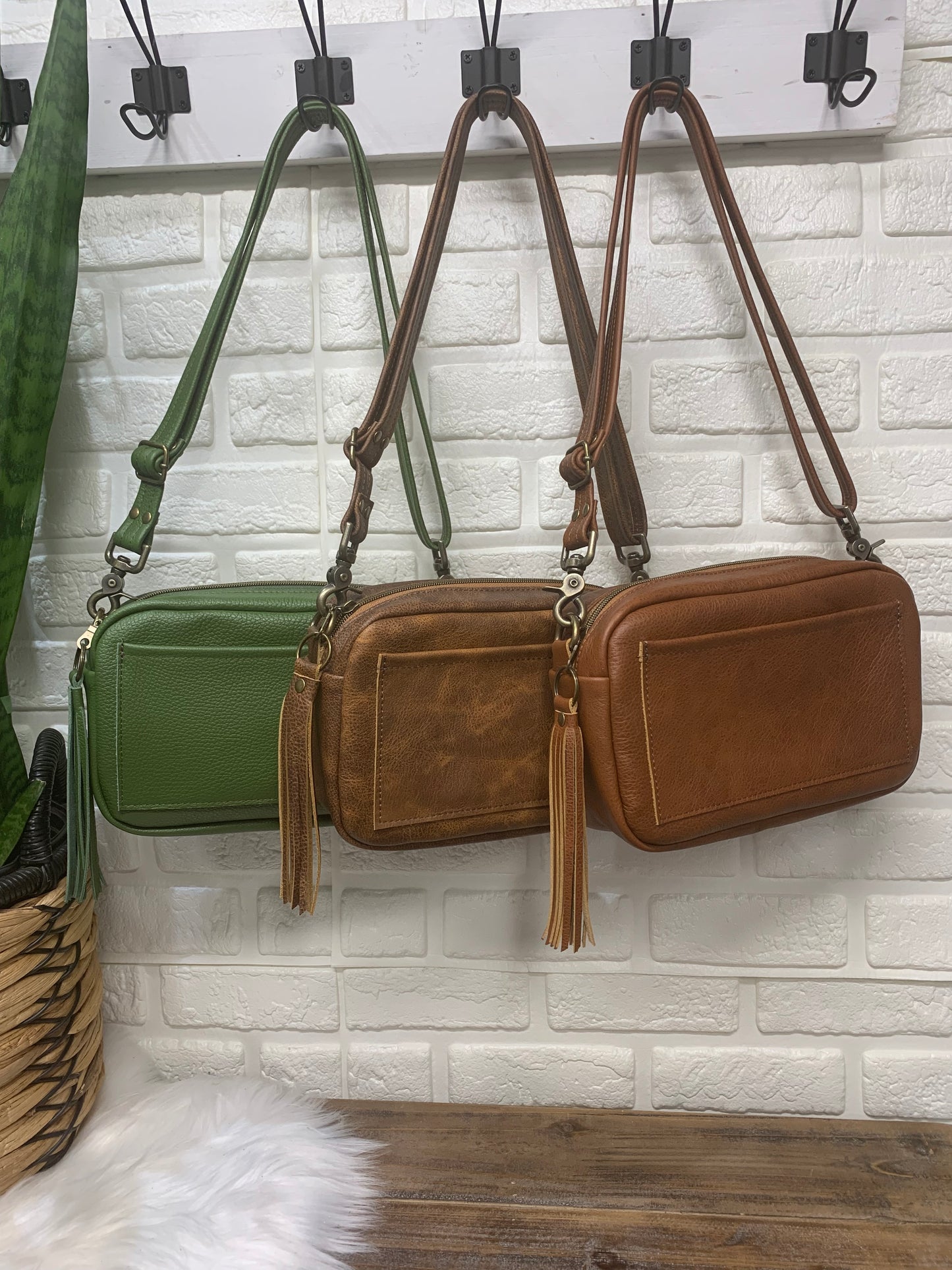 Emerald crossbody bag, Olive green Italian pebble grain leather