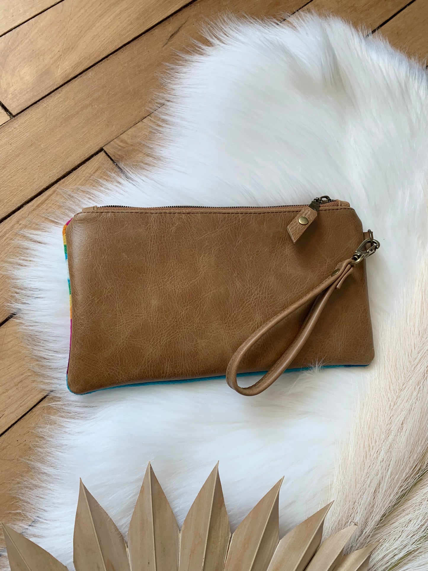 Wool and leather clutch wristlet, San Gabriel wool, caramel leather clutch wallet