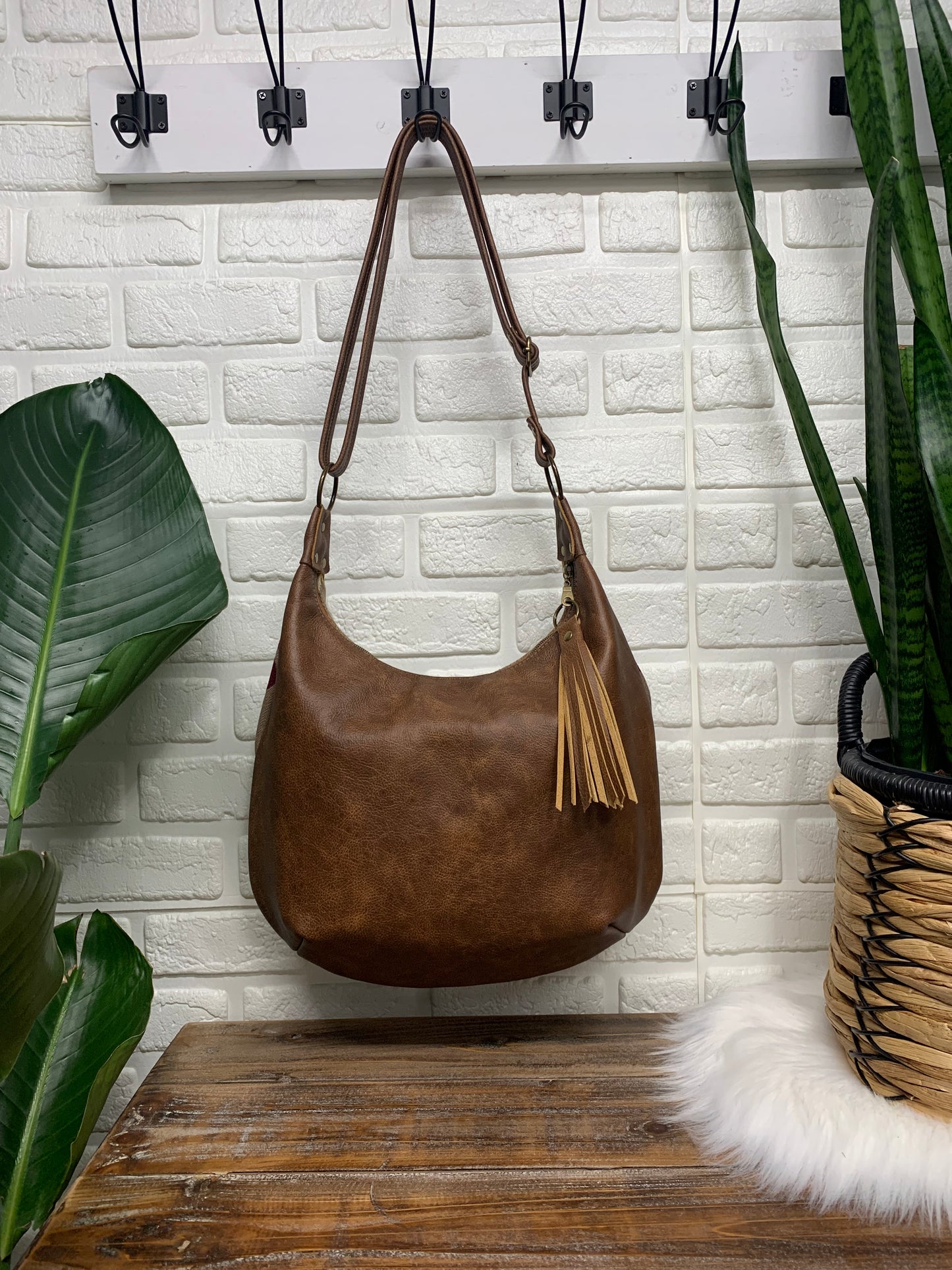Wool and leather hobo bag, Pilot Rock wool fabric, brown genuine leather, hobo bag, wool crossbody bag