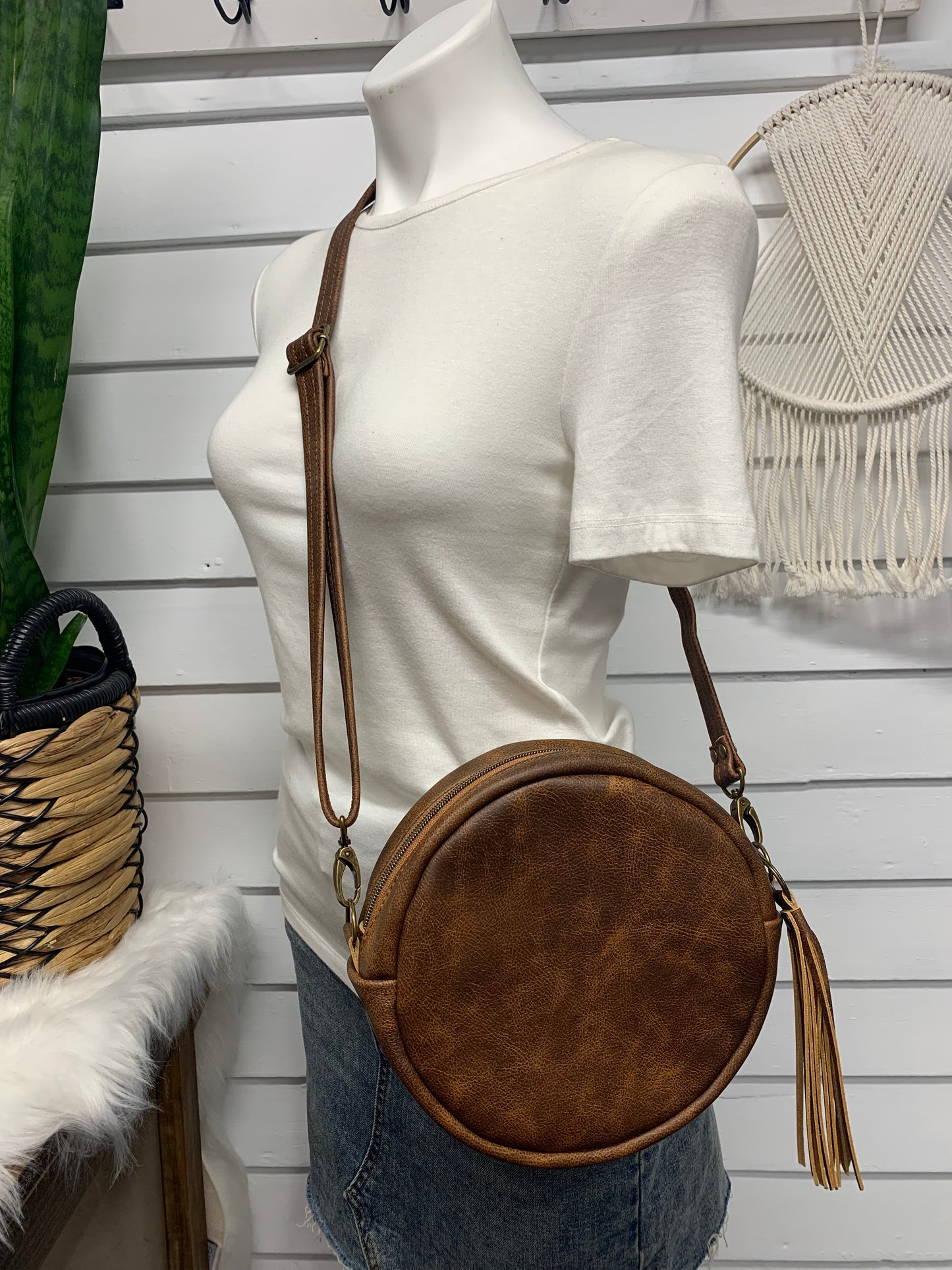 Moonstone crossbody bag, Harding black wool, saddle brown leather, Canteen bag
