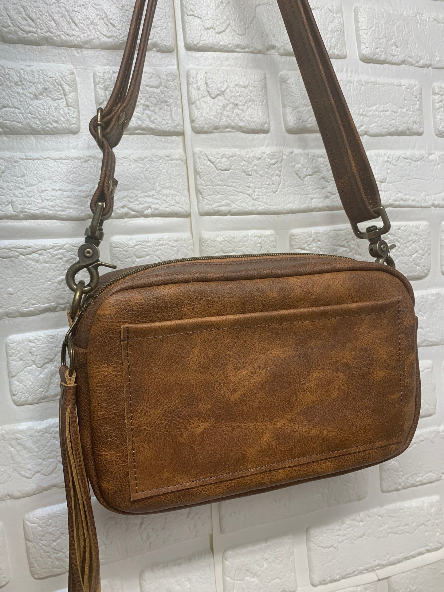 Emerald crossbody bag, Saddle brown pebble grain leather