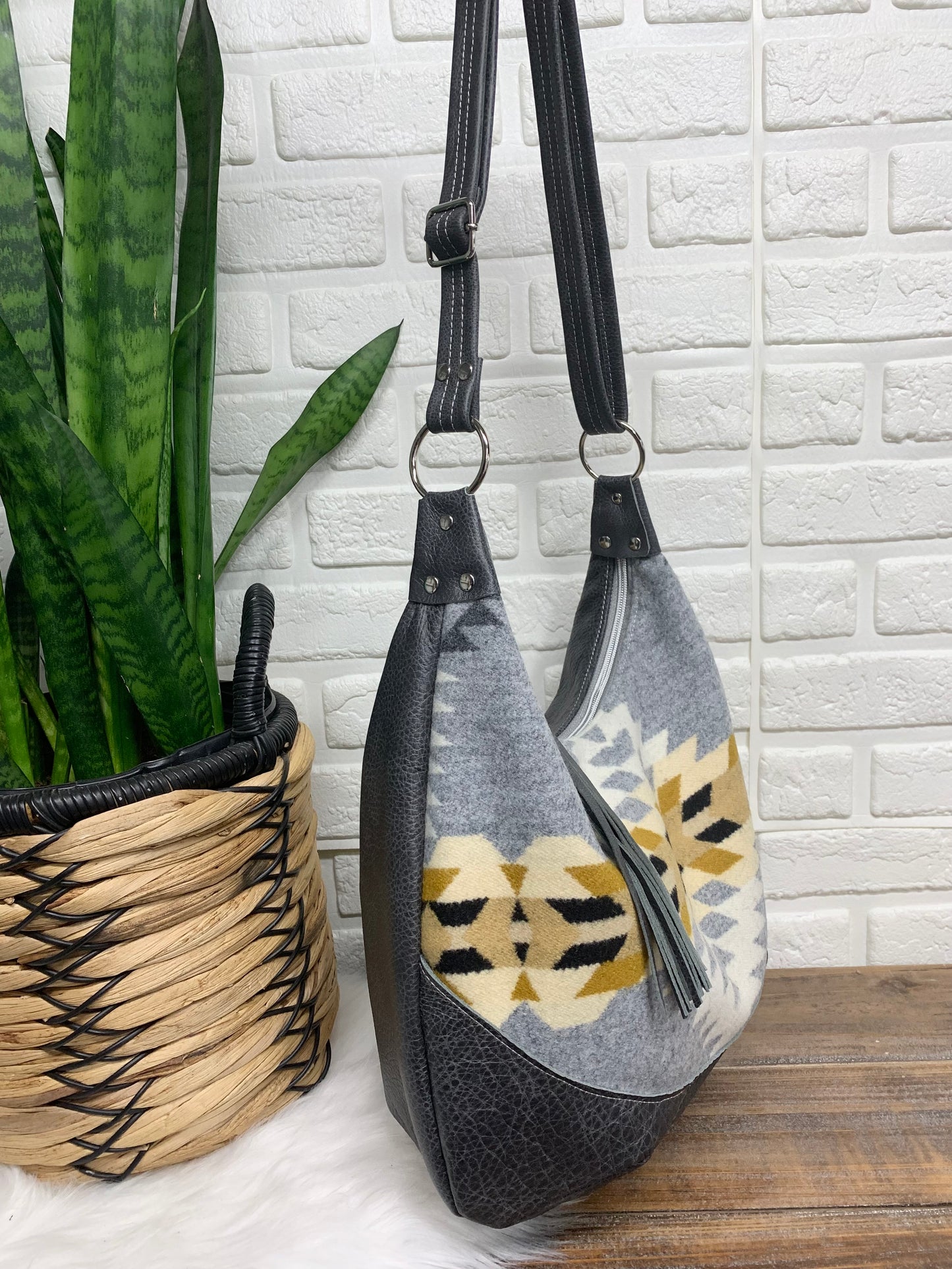 Wool and Grey leather hobo bag, Rancho Arroyo Silver wool