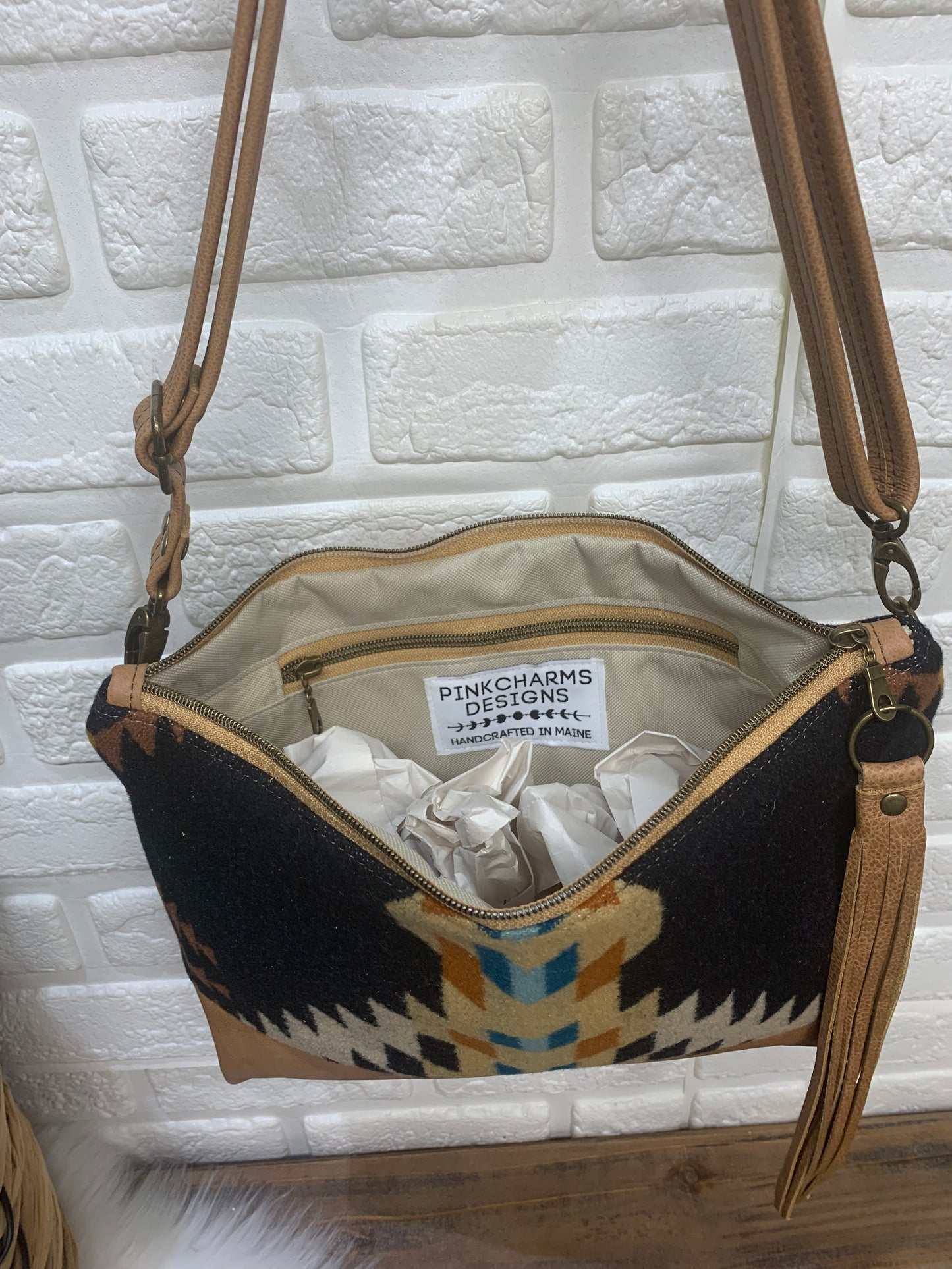 XL Ruby crossbody bag, Rancho Arroyo wool, caramel genuine leather