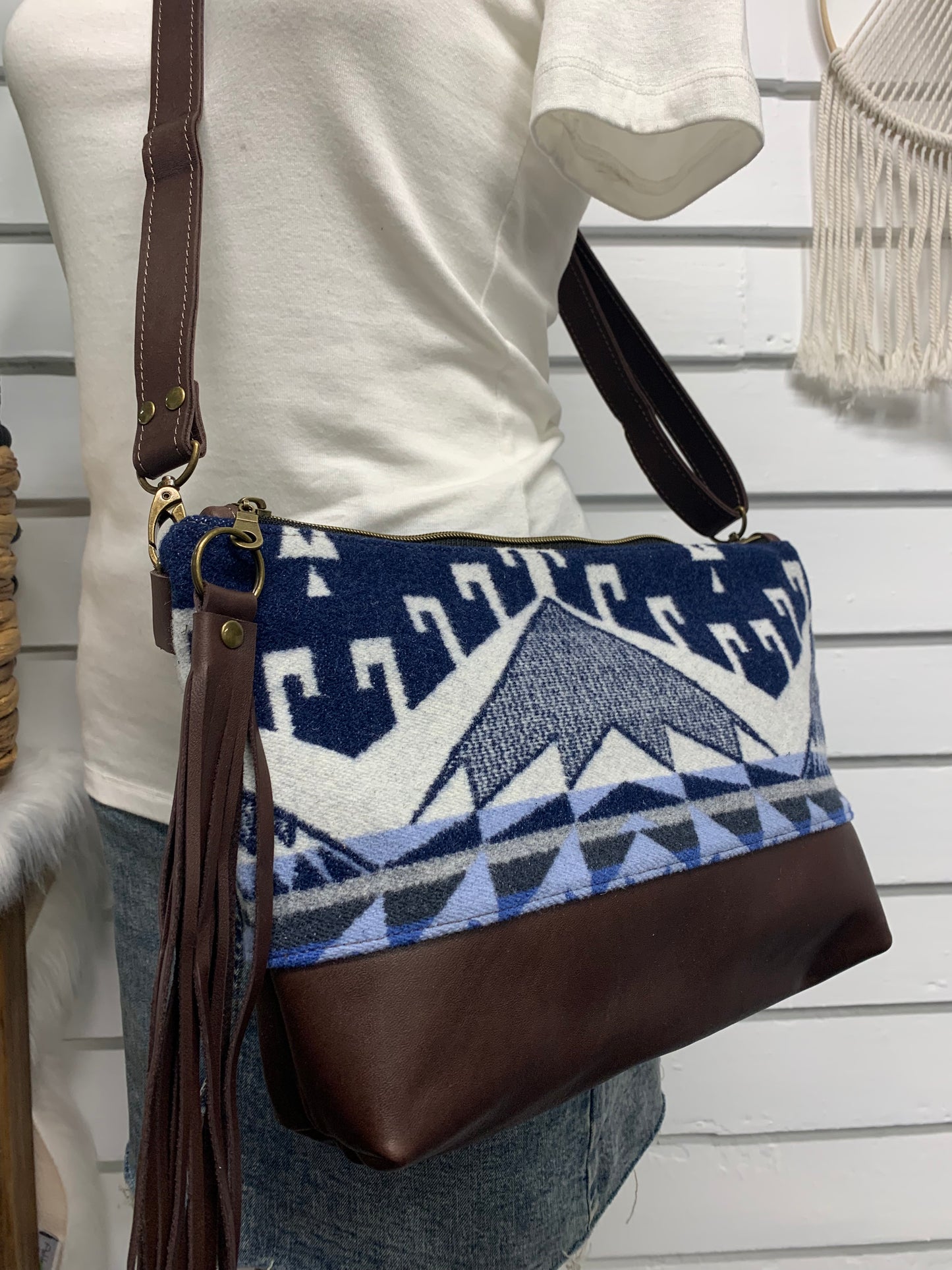 XL Ruby crossbody bag, Trailhead blue wool, waxed dark brown leather