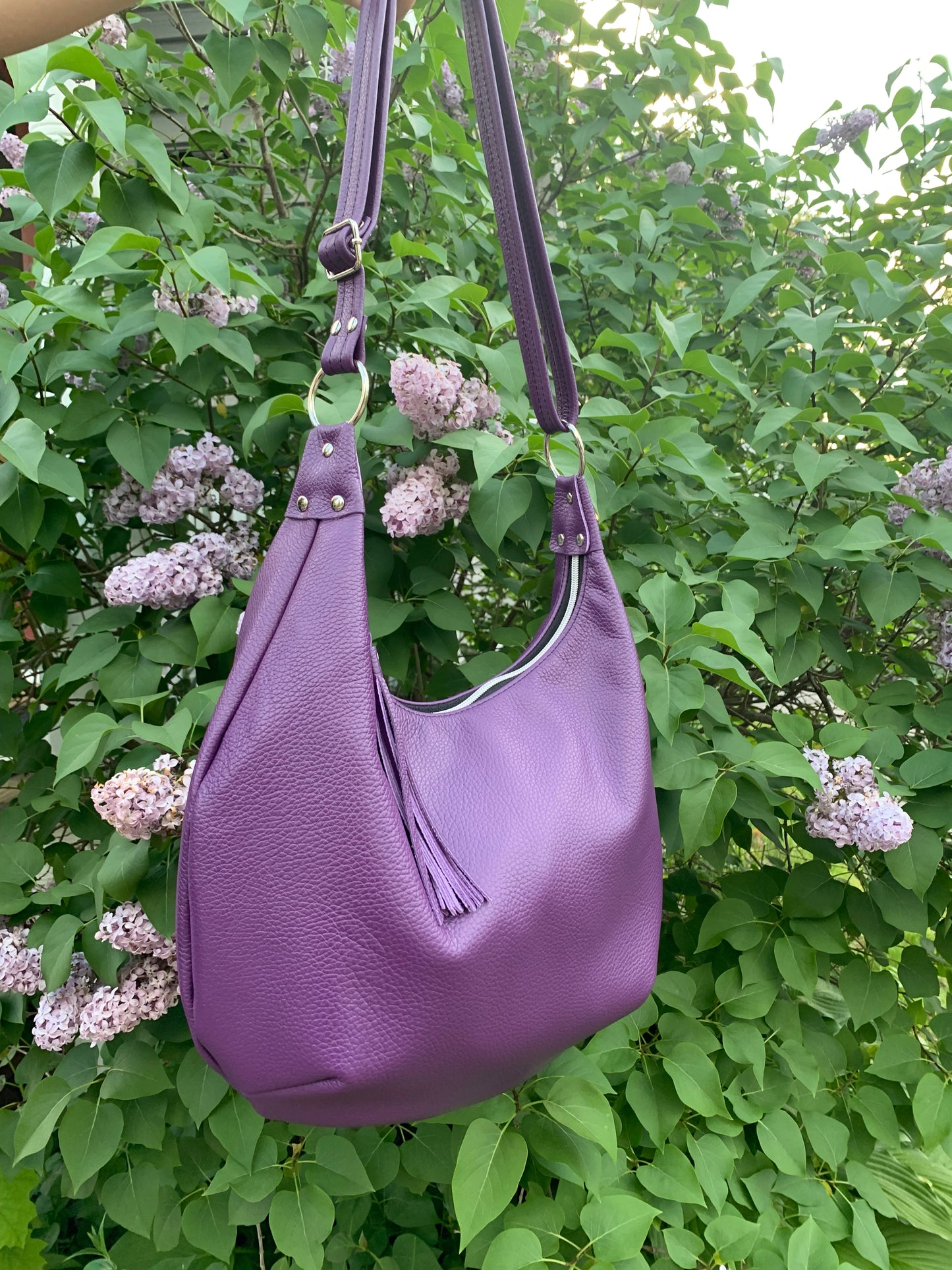 Onyx hobo bag, Purple Italian pebble grain leather crossbody