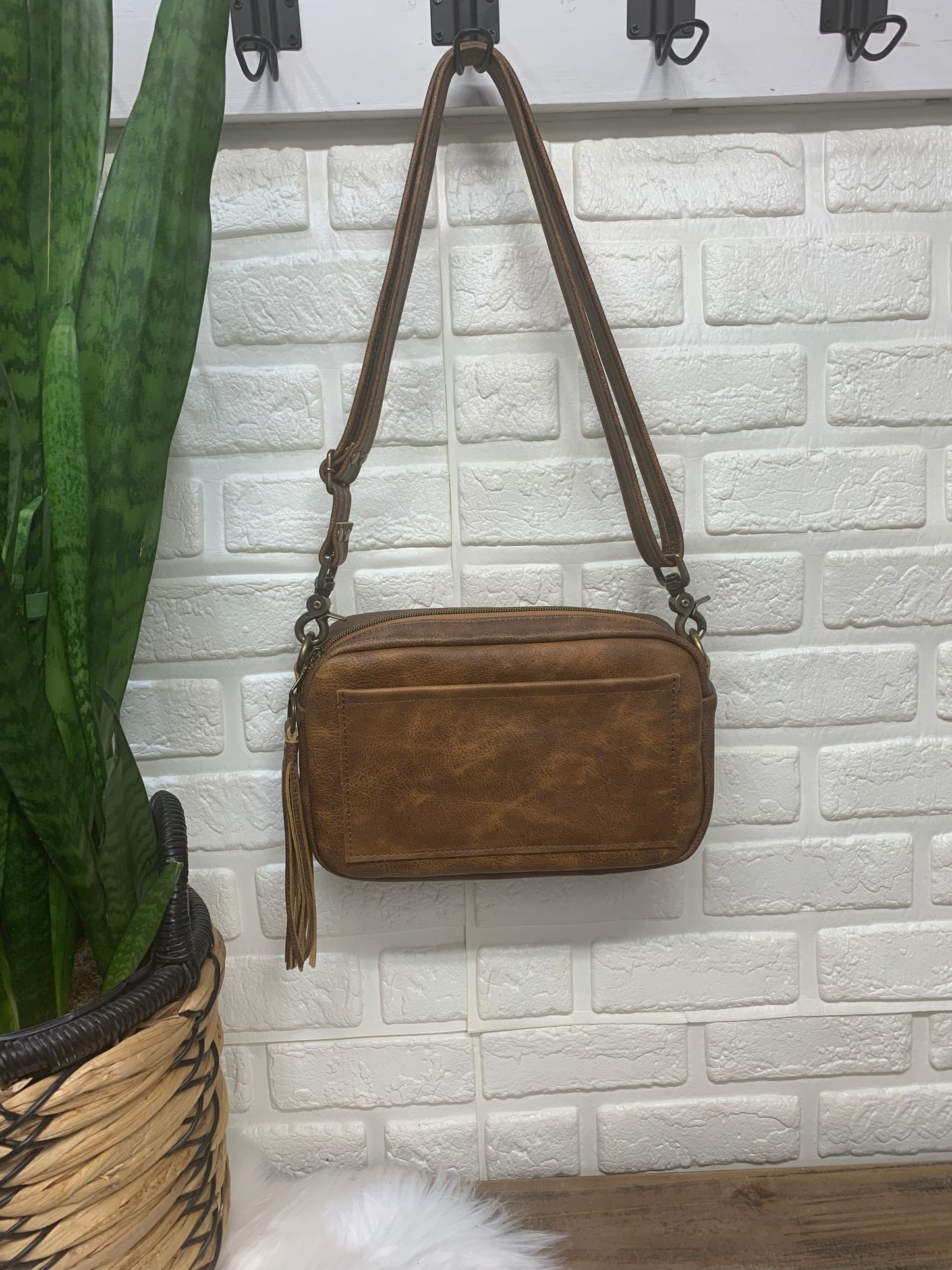 Emerald crossbody bag, Saddle brown pebble grain leather
