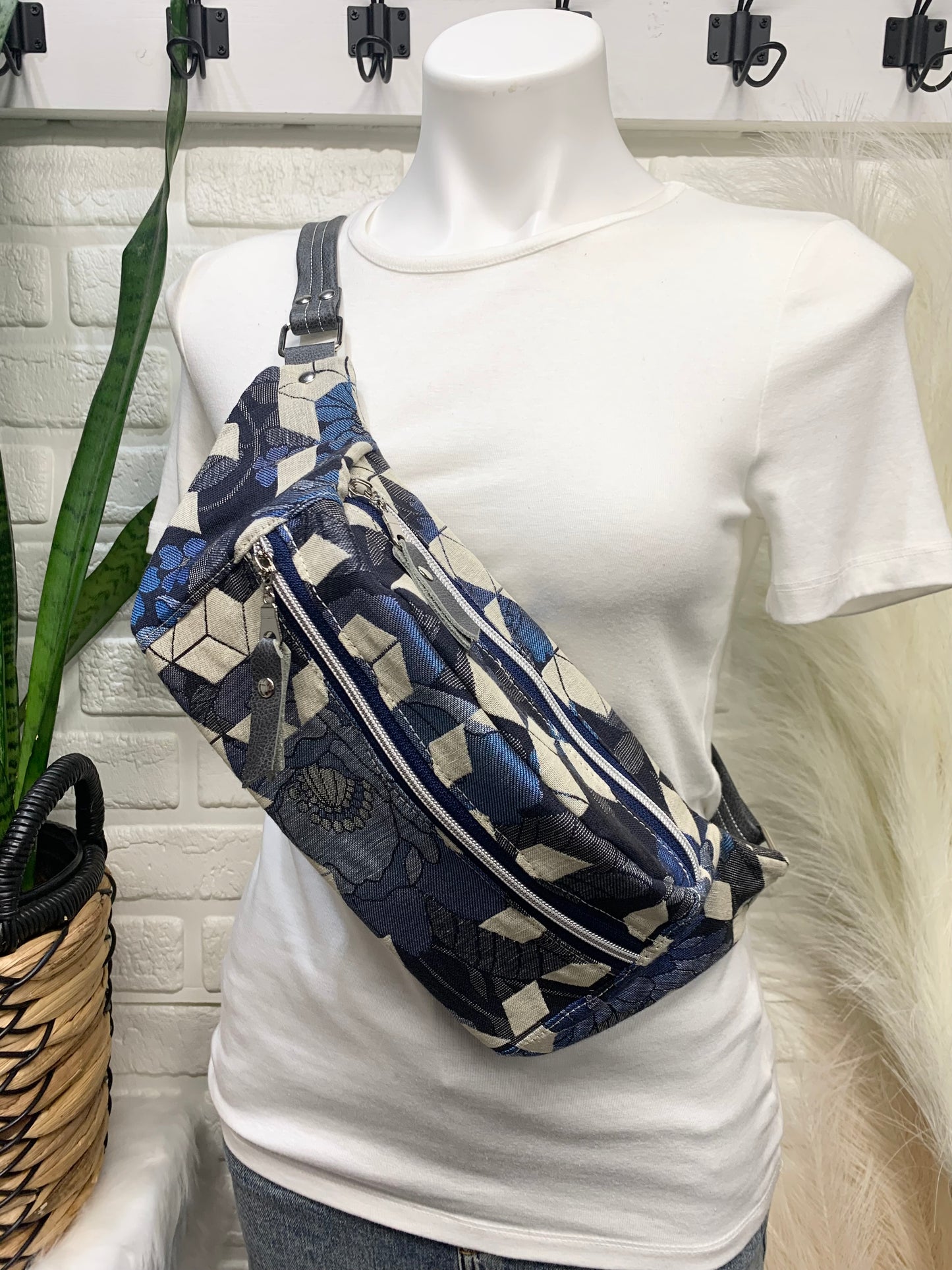 Jade Sling bag Woven Wings wrap scrap and grey leather crossbody
