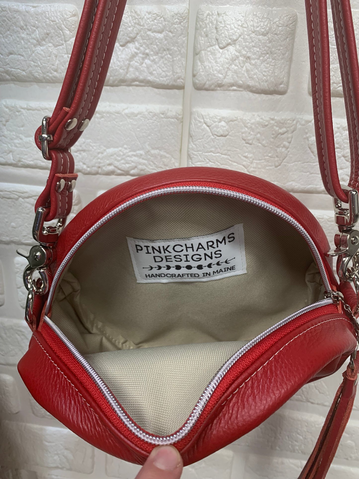 Moonstone crossbody bag, red leather, Circle bag
