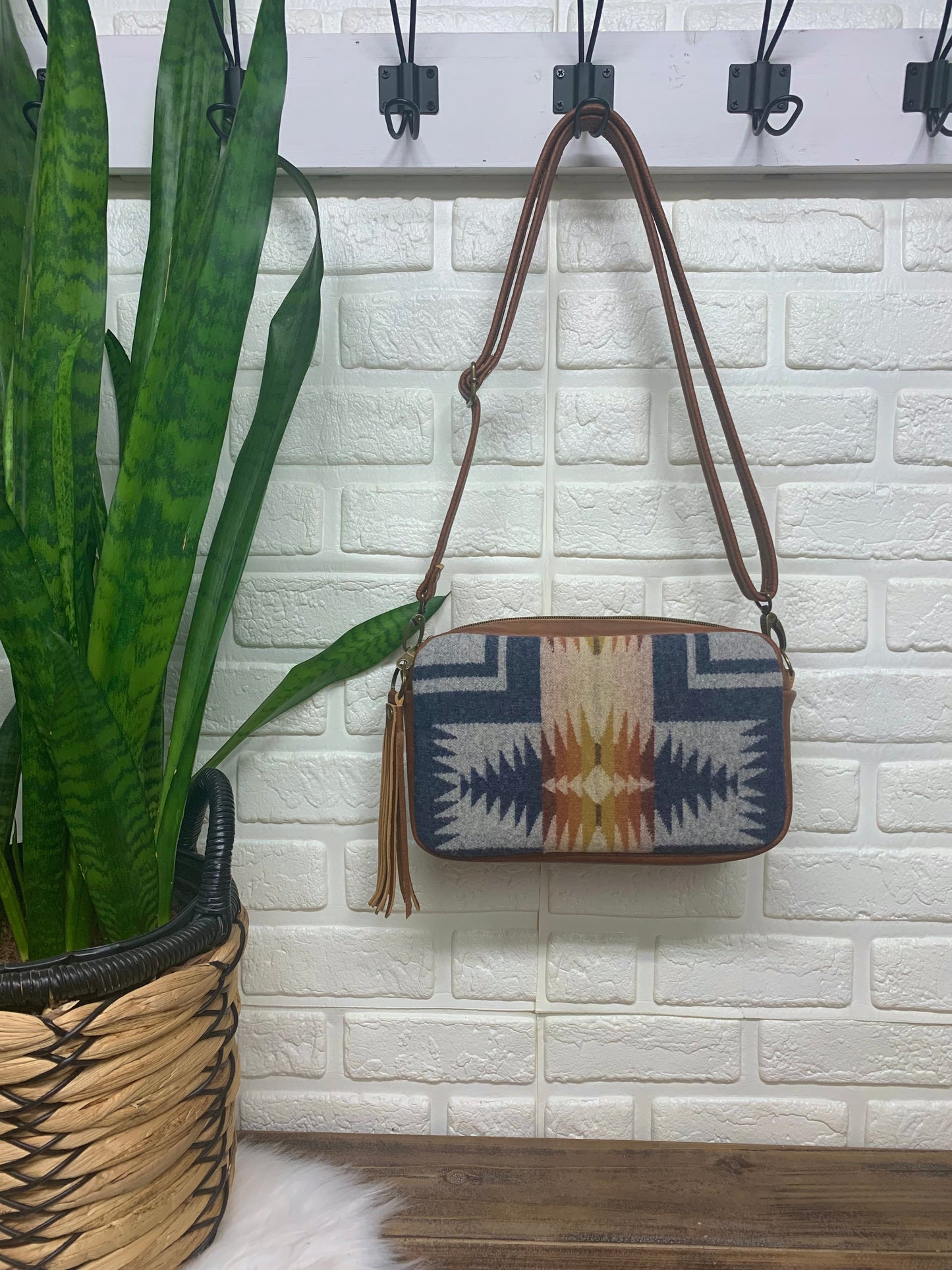 Emerald crossbody bag, Harding Navy wool, spice brown leather, Camera bag