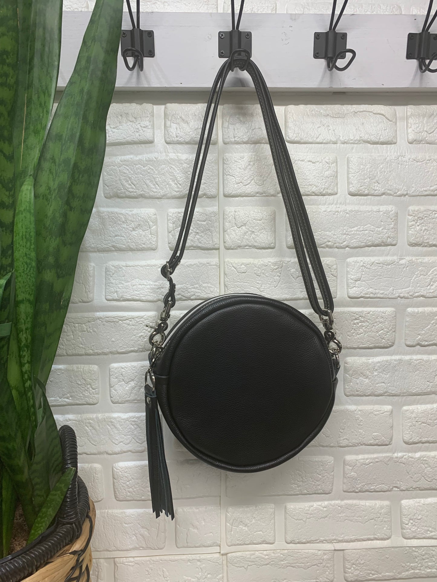 Moonstone crossbody bag, black leather, Circle bag
