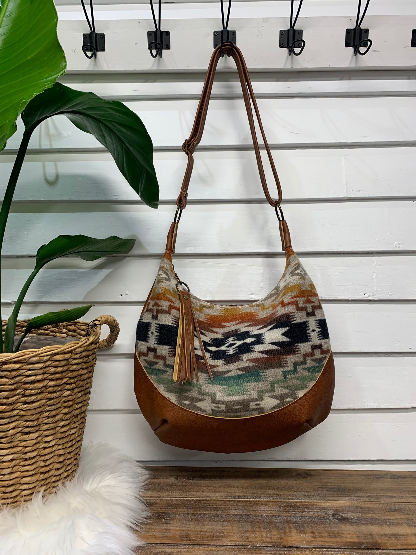 Wool and spice brown leather hobo crossbody bag, Mesilla wool
