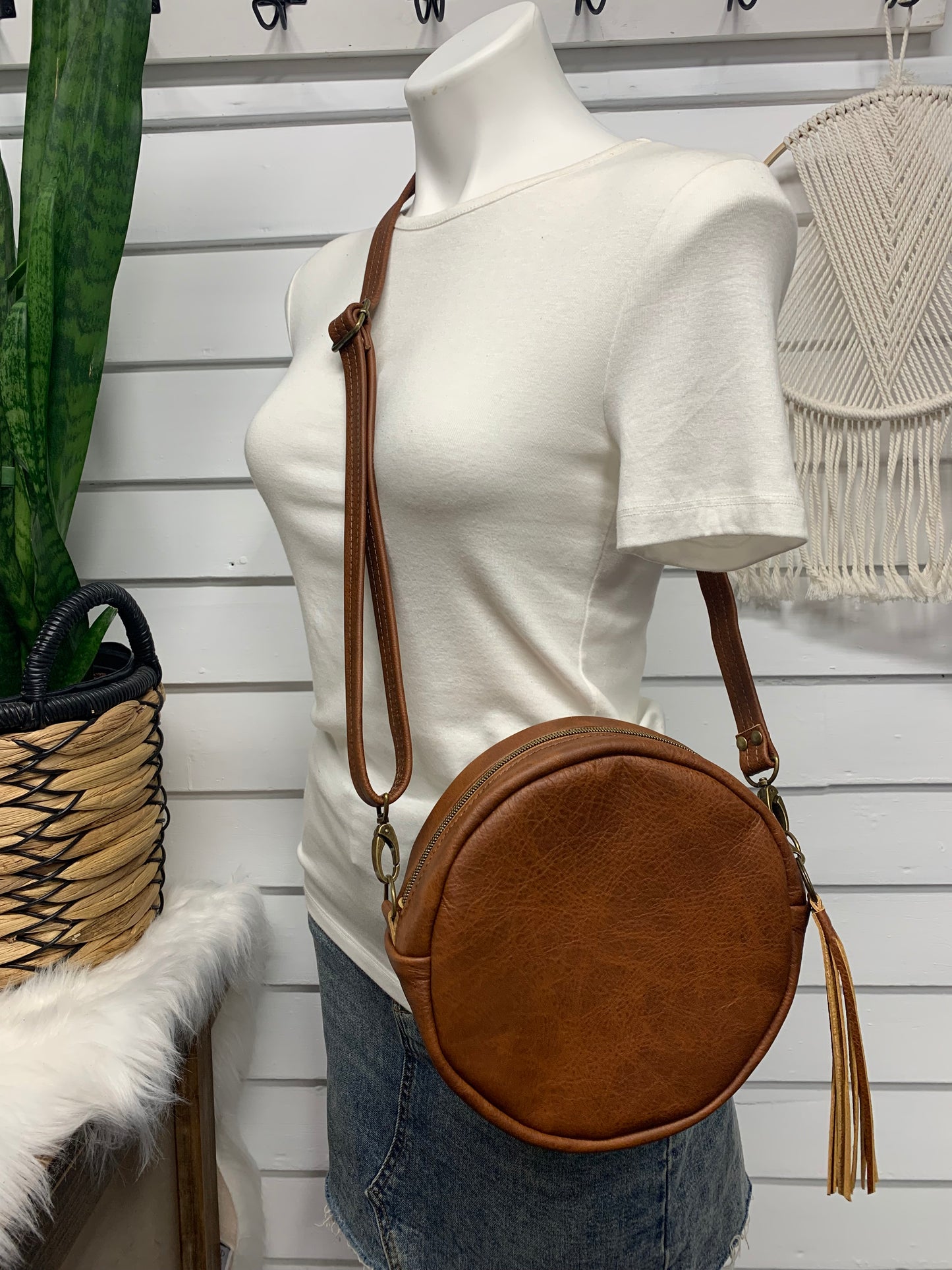 Moonstone crossbody bag, Mesilla wool, spice brown leather, Canteen bag