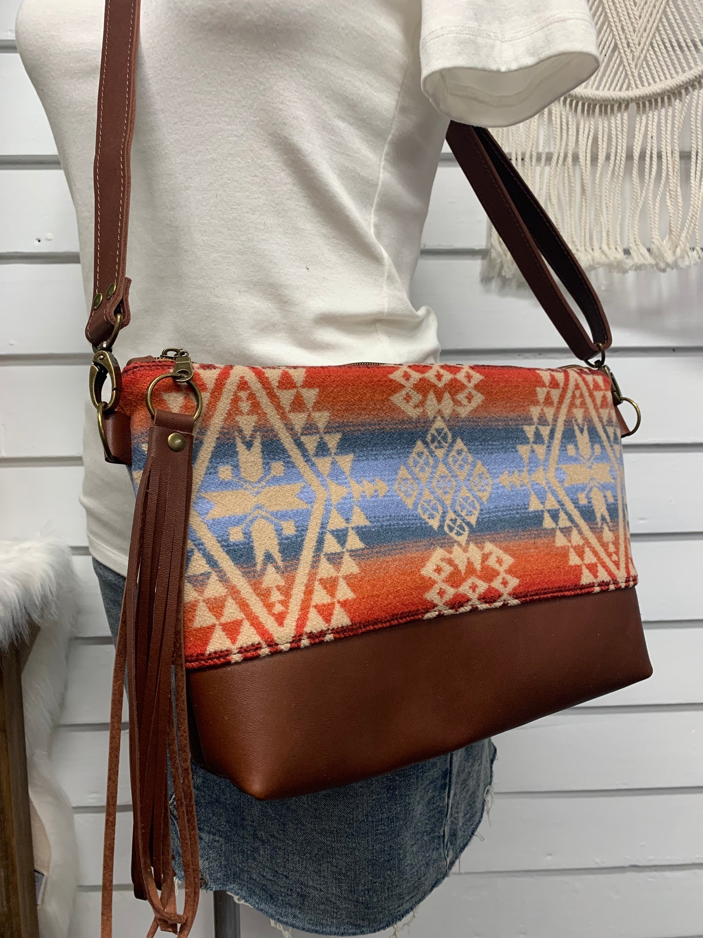 XL Ruby crossbody bag, Desert sky wool, waxed red brown leather