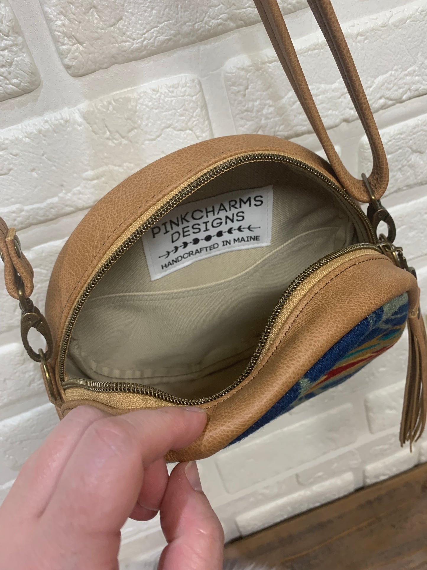 Moonstone crossbody bag, Echo Peaks wool, caramel leather, Circle bag