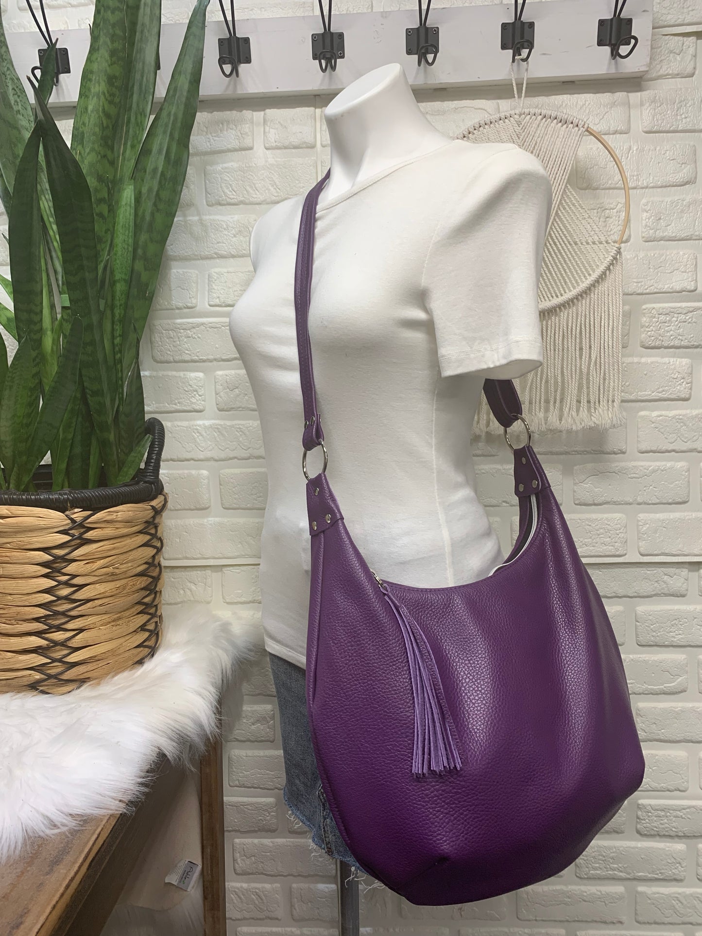 Onyx hobo bag, Purple Italian pebble grain leather crossbody